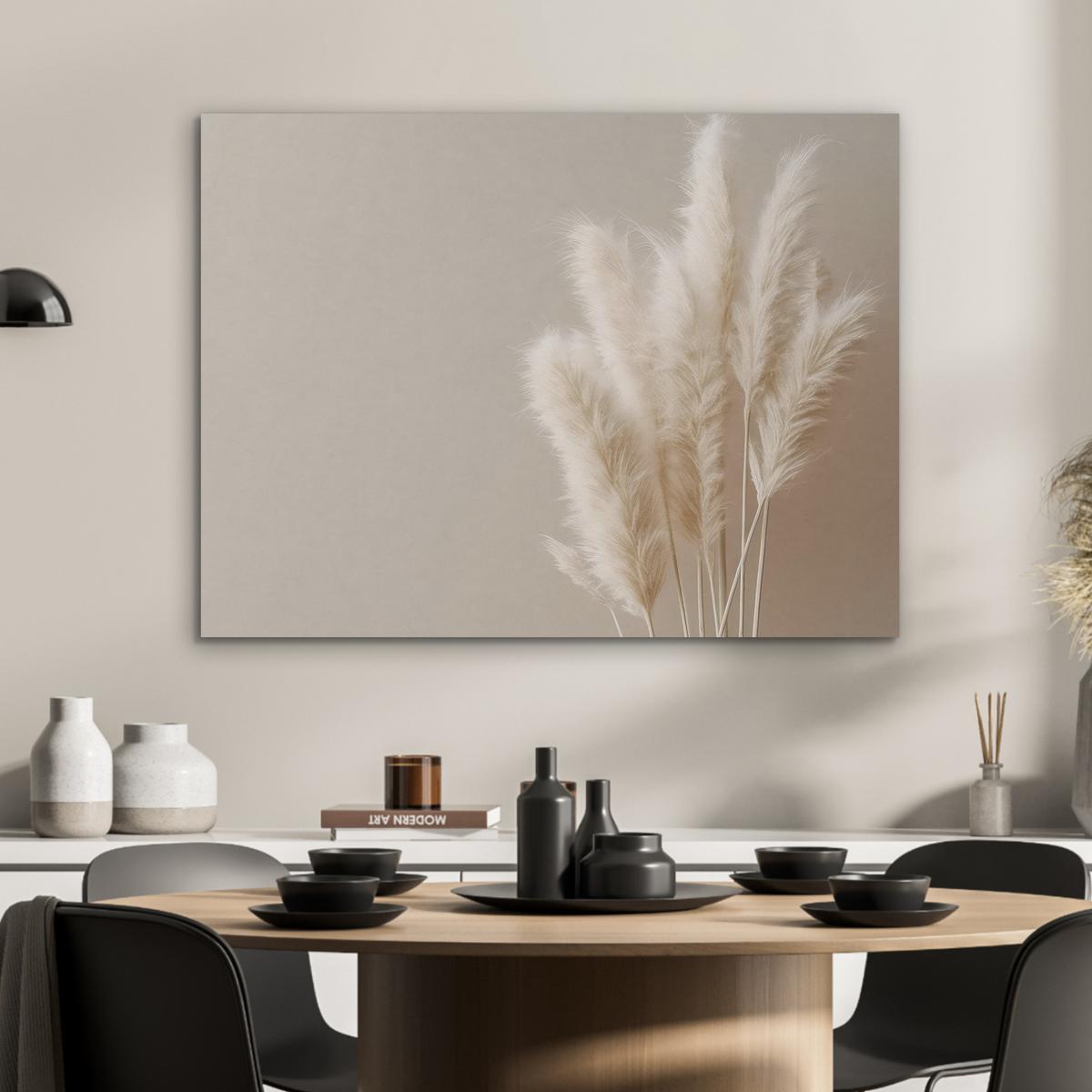 AKUSTIKBILD Pampasgras - Federn - Pastell - Weiß Gemälde 80x60 cm - Naturfarben, Kunststoff (80/60/0.9cm) - MuchoWow