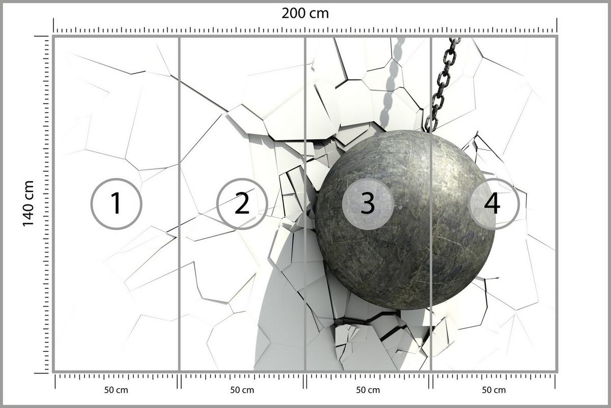 FOTOTAPETE für Büro Metallkugel Riss Weiße Wand 200x140 - Weiß/Grau, Papier (200/140cm) - Muralo