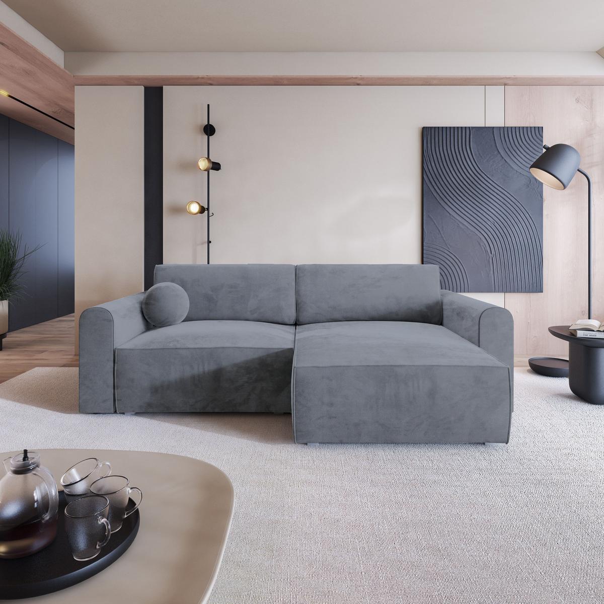 ECKSOFA FIANO M Grau Velours-Stoff mit Schlaffunktion - Grau, Holz/Kunststoff (245/148cm) - MASSENO