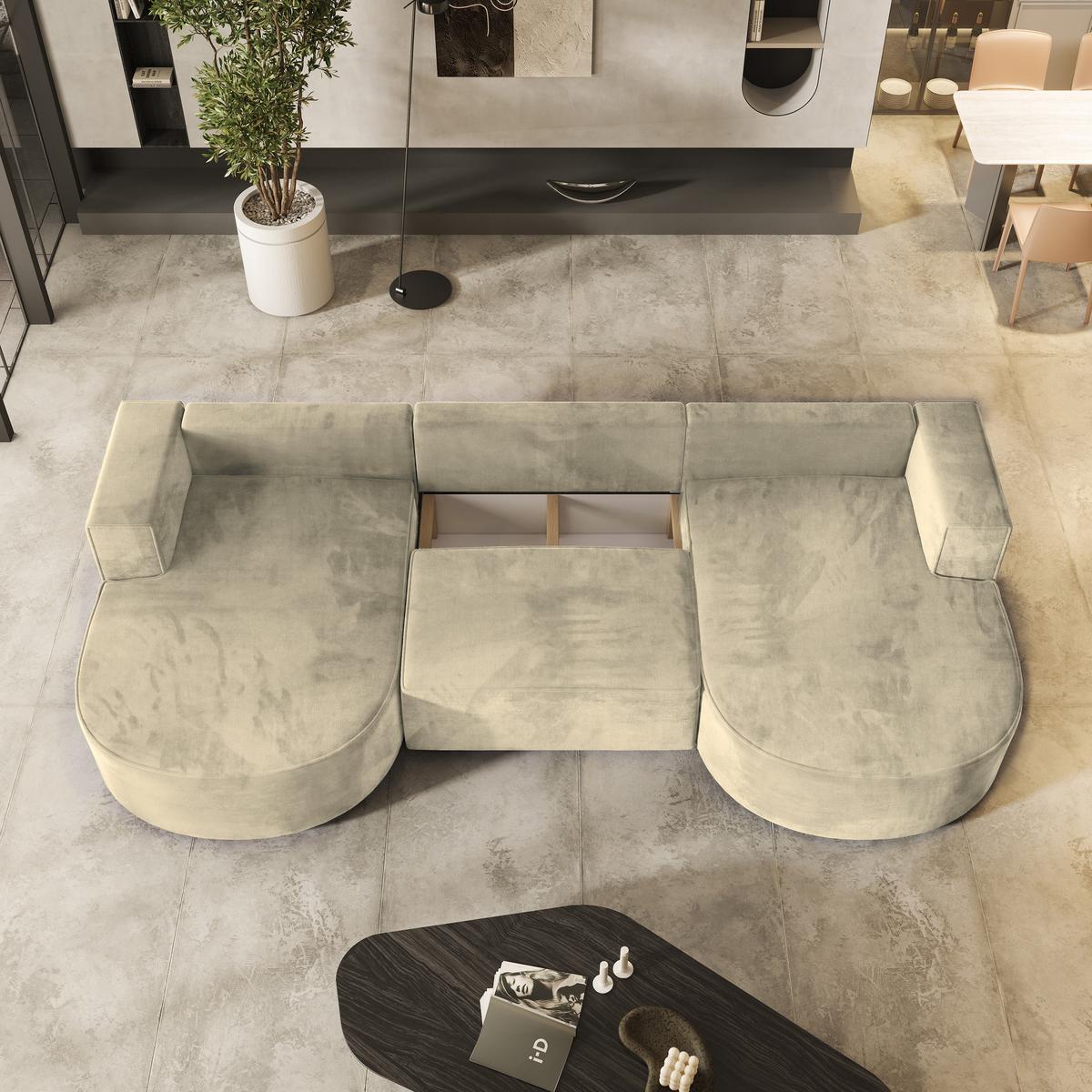 WOHNLANDSCHAFT VEZZO M Creme Velours-Stoff mit Schlaffunktion - Creme, Holz (347/85/174cm) - MASSENO