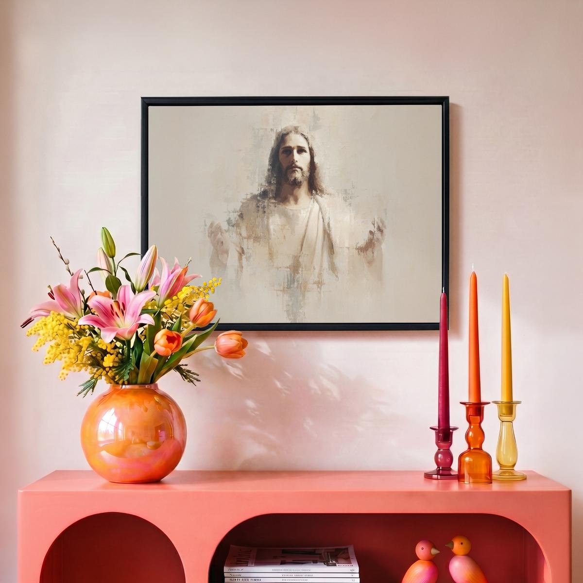 LEINWAND Bilder mit Rahmen - Porträt - Abstrakt - Jesus - Beige - 40x30 - Beige, Textil (40/30cm) - MuchoWow