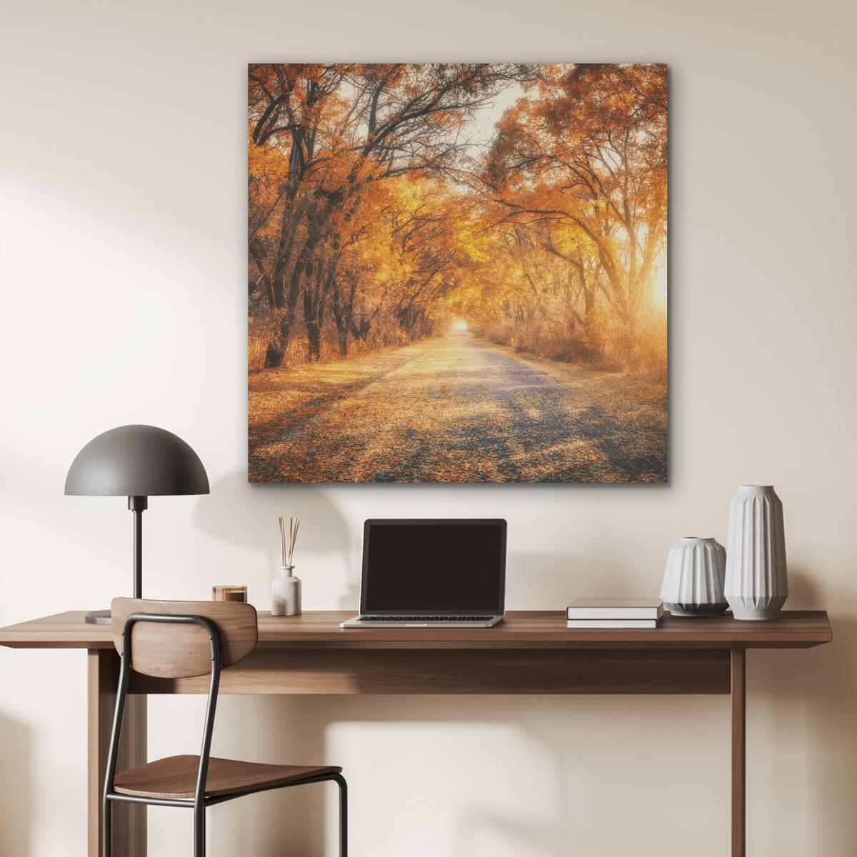 AKUSTIKBILD Wald - Herbst - Bäume - Waldweg - Natur Akustikpaneele 90x90 cm - Bernsteinfarben, Kunststoff (90/90/0.9cm) - MuchoWow