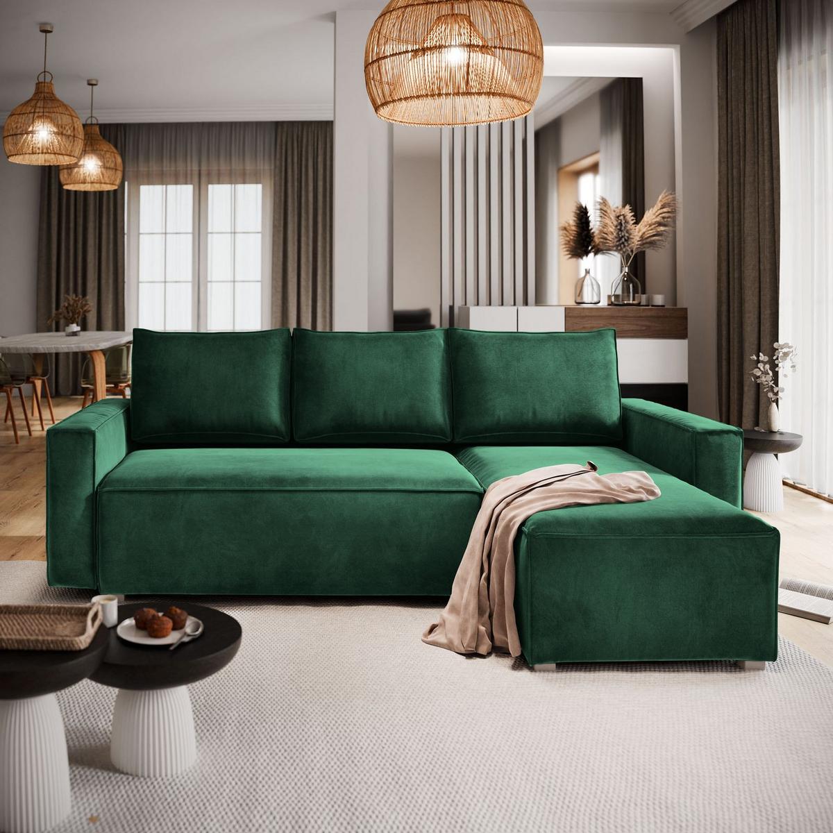 ECKSOFA SILES Grün Velours-Stoff mit Schlaffunktion - Grau/Grün, Holz/Kunststoff (230/140cm) - MASSENO