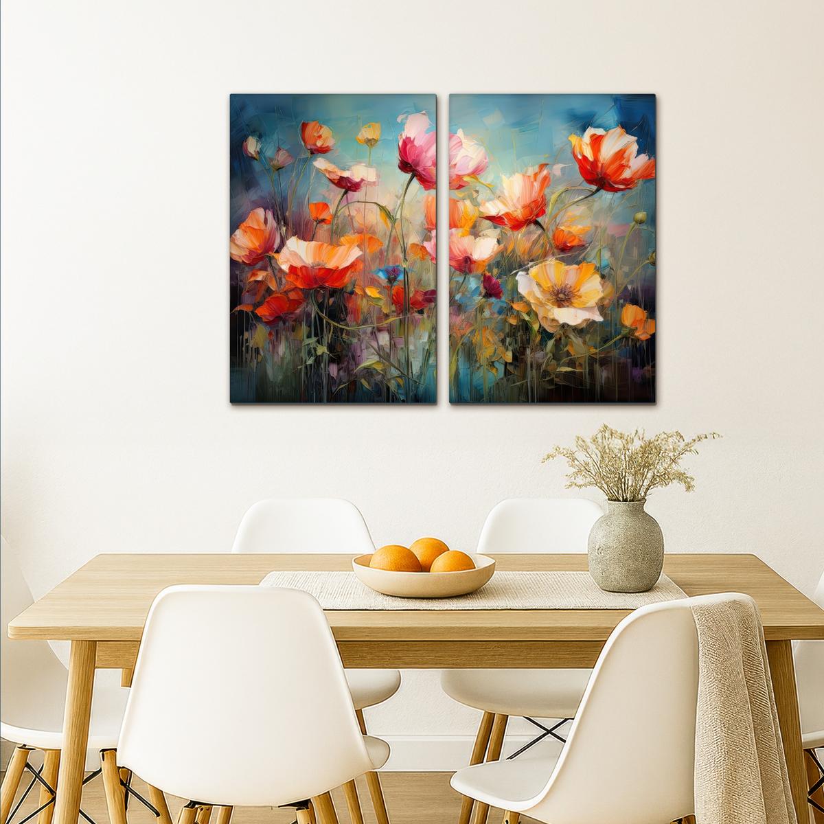 LEINWANDBILD 2er Set Blumen - Bunt - Abstrakt 80x60 cm - Blaugrau, Textil (80/60cm) - MuchoWow
