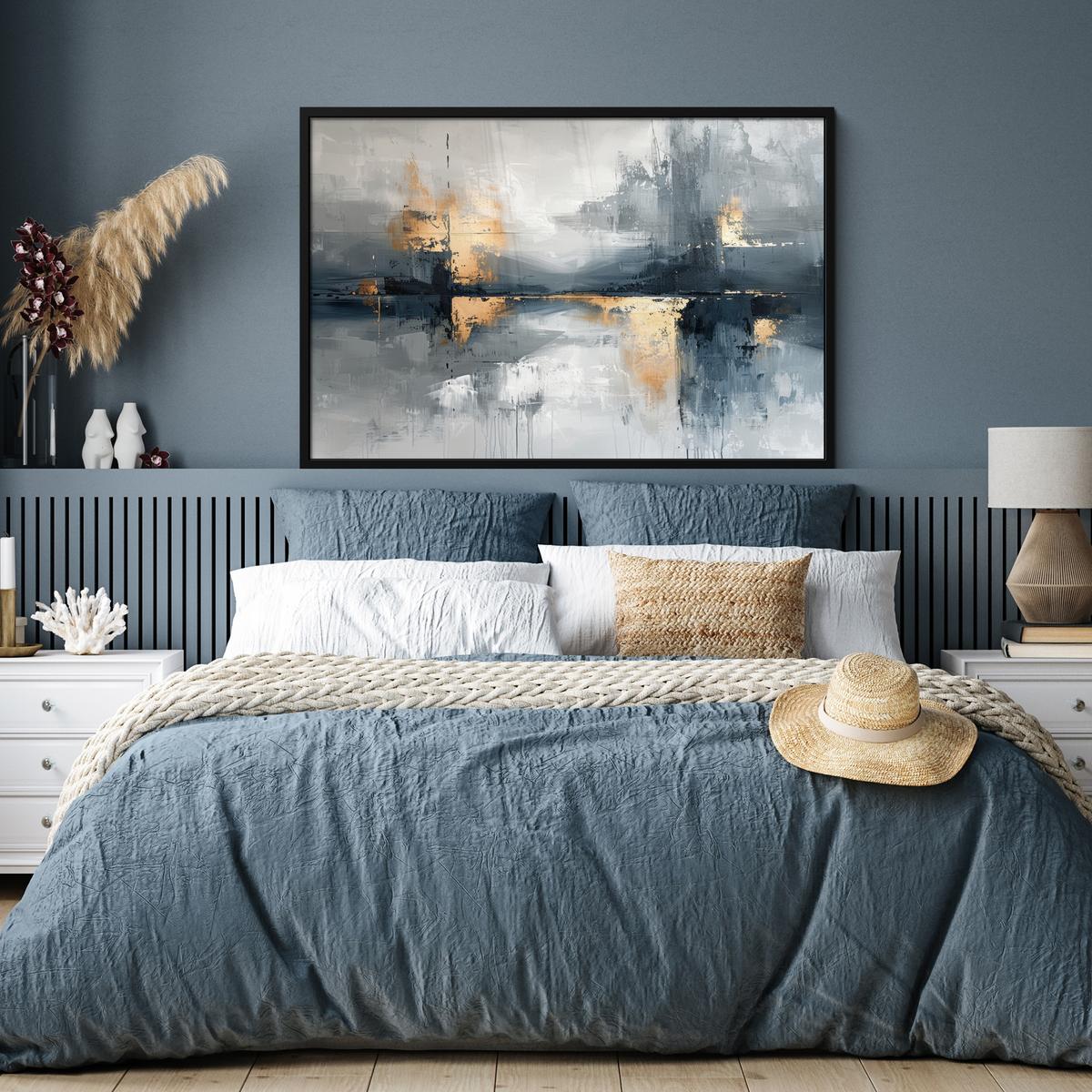 POSTER MIT RAHMENGERAHMTES BILD Kunst - Grau - Gold - Abstrakt 120x80 cm - Dunkelgrau, Papier (120/80cm) - MuchoWow