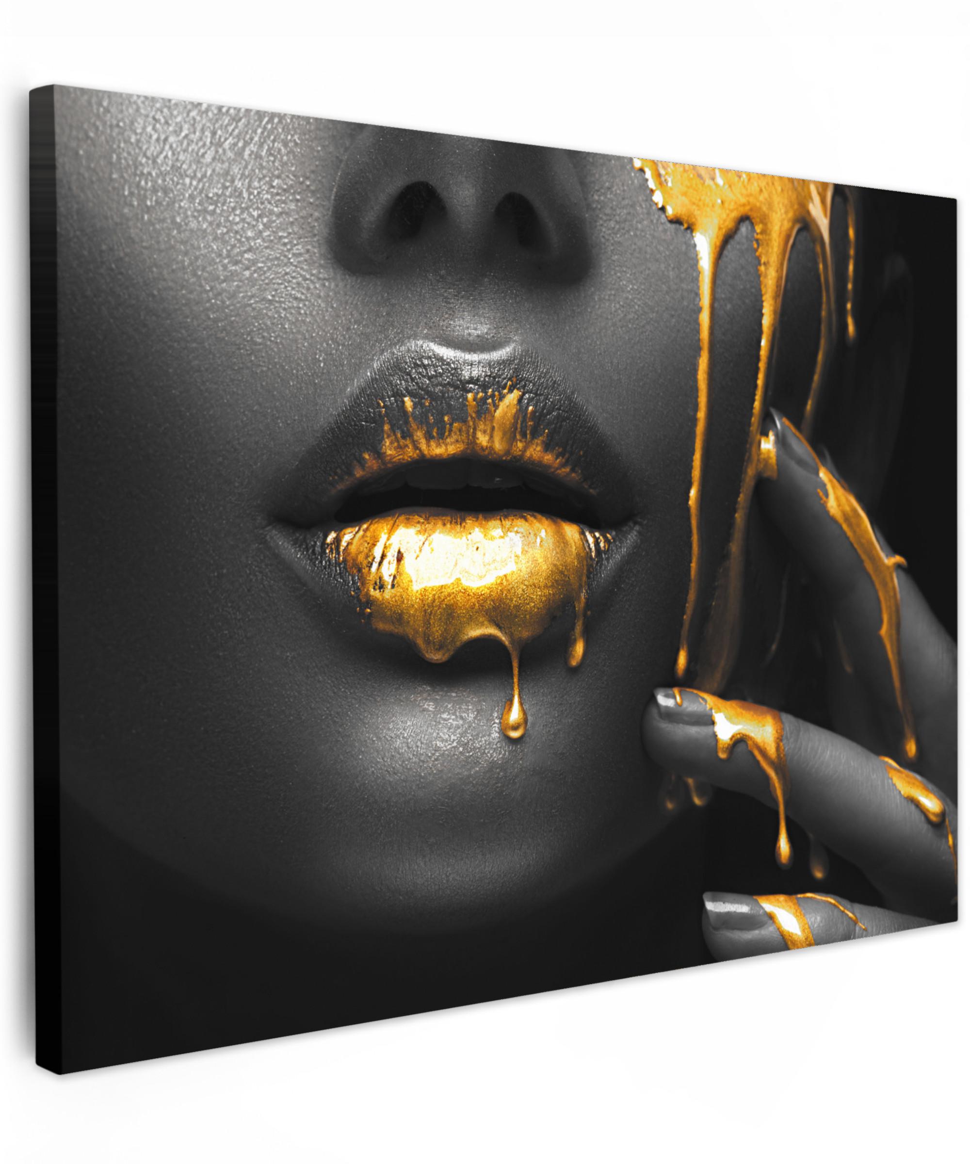 LEINWANDBILD Frau - Schwarz - Gold - Gesicht - Lippen Wandbild 40x30 cm - Goldfarben, Textil (40/30cm) - MuchoWow