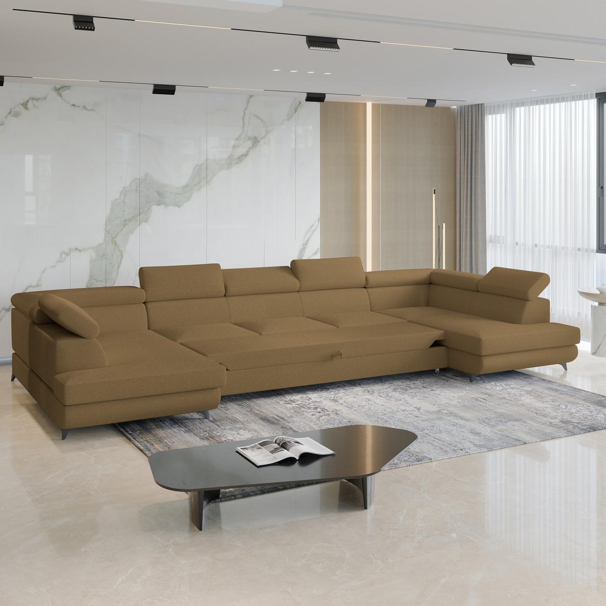 WOHNLANDSCHAFT URMANO Orange Boucle-Stoff mit Schlaffunktion - Orange, Holz (395/89/190cm) - MASSENO