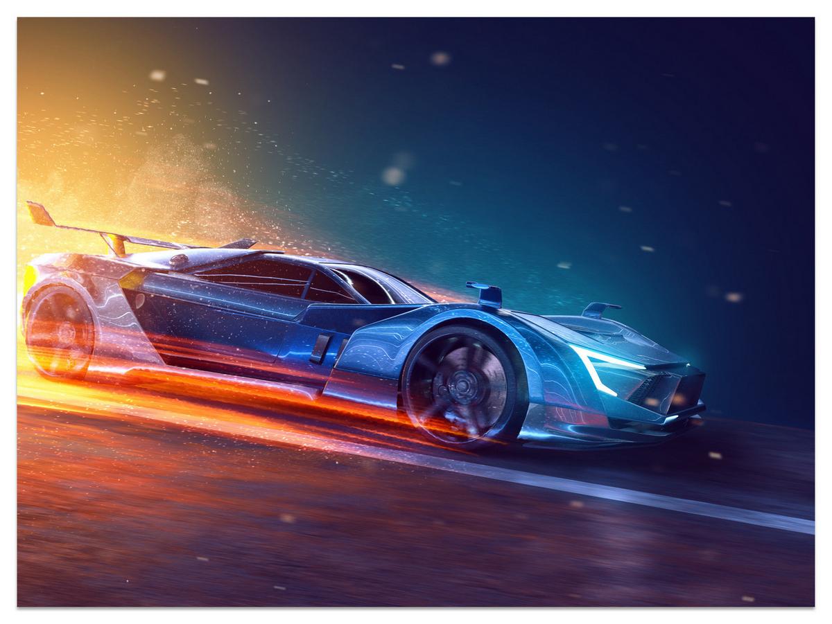 FOTOTAPETE für Jugendzimmer Futuristisches Sportwagen Neon 200x140 - Blau/Gelb, Papier (200/140cm) - Muralo