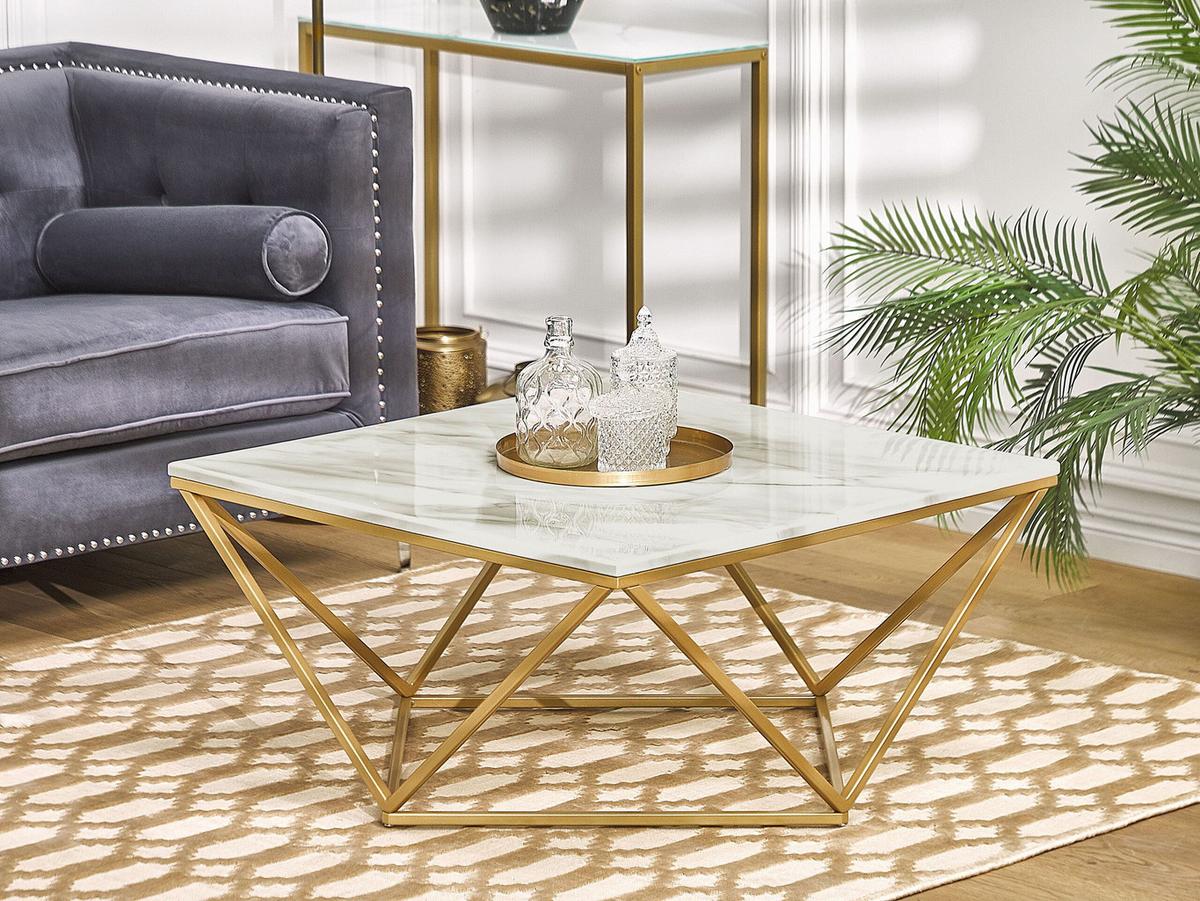 COUCHTISCH Marmor Optik beige/gold quadratisch 80/80 cm Malibu - Beige/Goldfarben, Holzwerkstoff (80/80/41cm) - Beliani