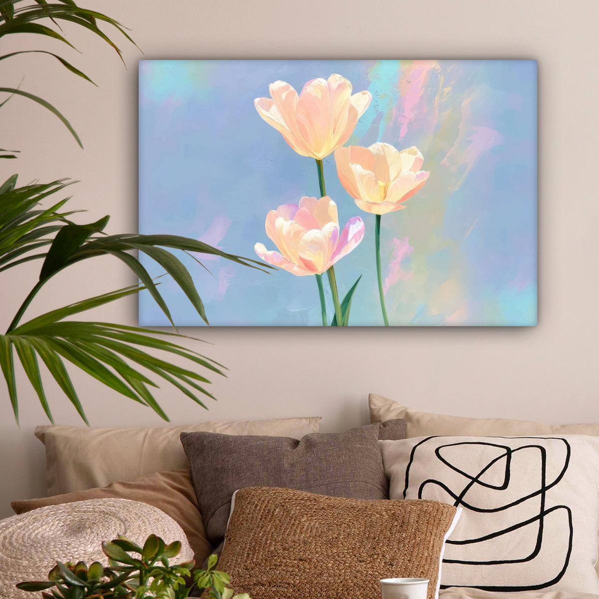 LEINWANDBILD Tulpen - Rosa Akzente - Blau Wanddeko 90x60 cm - Pastellblau, Textil (90/60cm) - MuchoWow