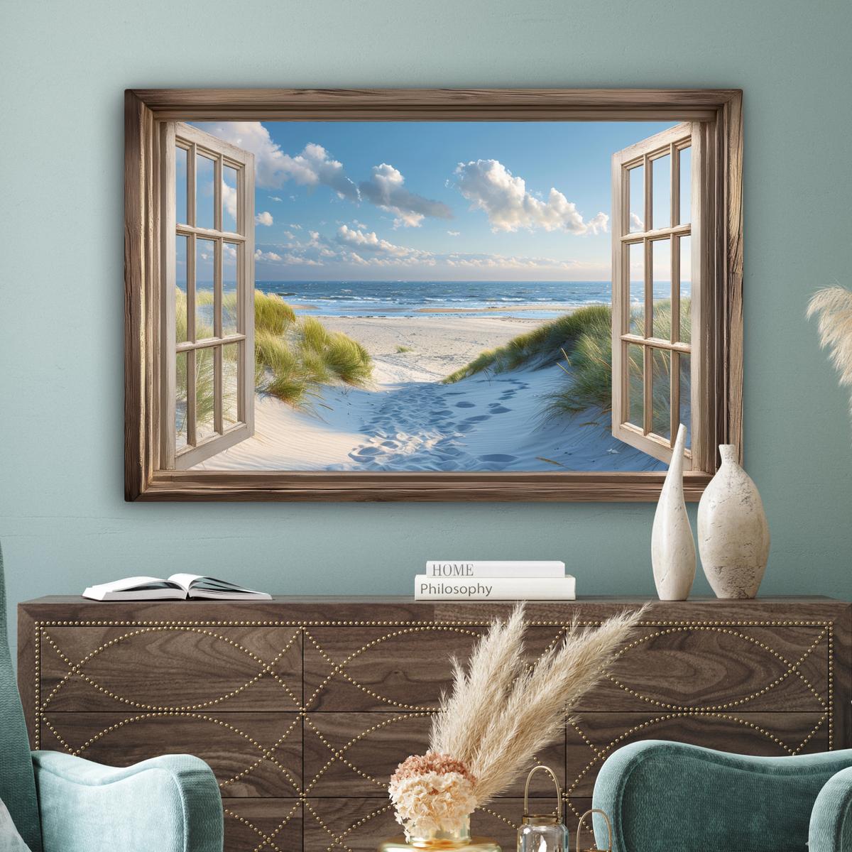 LEINWANDBILD Aussicht - Strand - Fenster - Dünen - Meer Wohnzimmer Groß 120x80 cm - Hellblau, Textil (120/80cm) - MuchoWow
