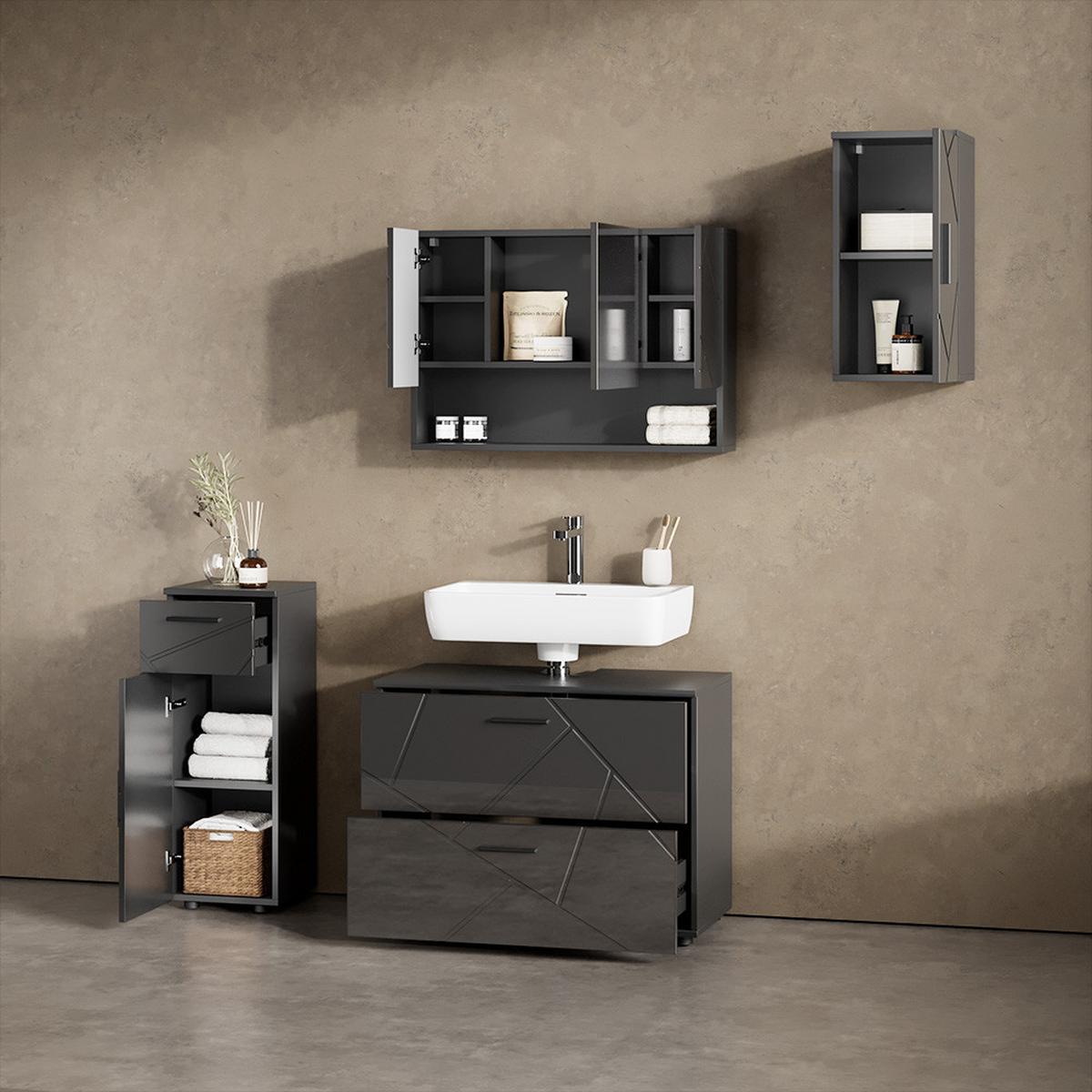 BADMÖBEL-SET Ronco Anthrazit Hochglanz 4 Teile - Schwarz Hochglanz, Holzwerkstoff (41/80/58cm) - Livinity®