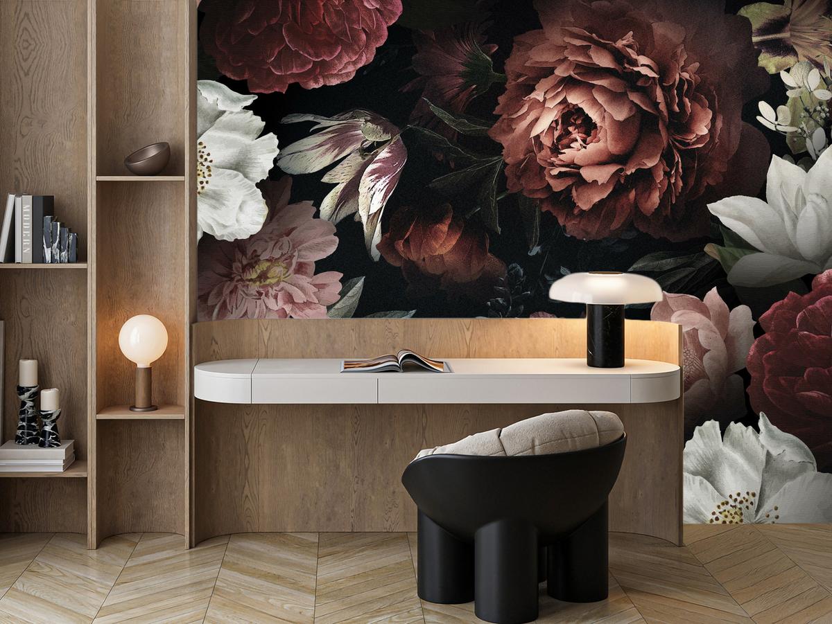 FOTOTAPETE für Büro Bunte Blumen Pfingstrosen Botanisch 200x140 - Rot/Weinrot, Papier (200/140cm) - Muralo