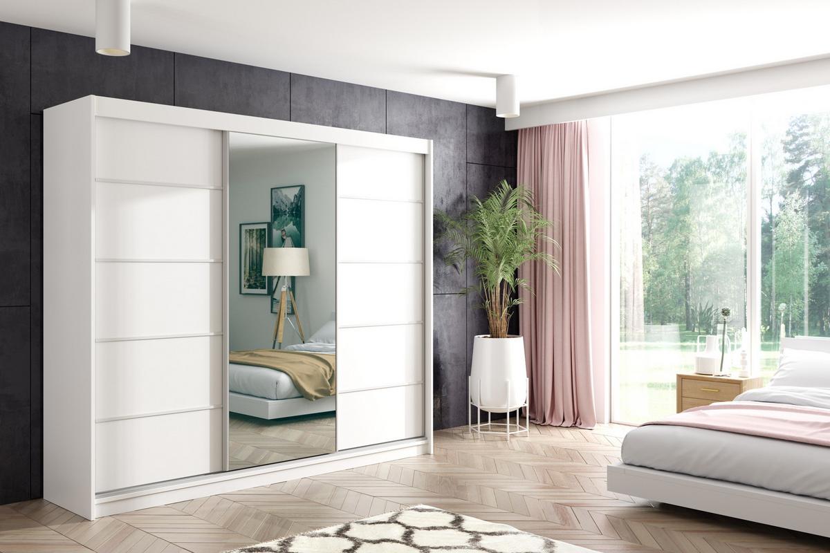 KLEIDERSCHRANK mit Spiegel-Schiebetüren und Aluminium-Leisten, LED-Beleuchtung - MAKI - 180 cm Weiß - Weiß, Holzwerkstoff (180/216/61cm) - ALTDECOR