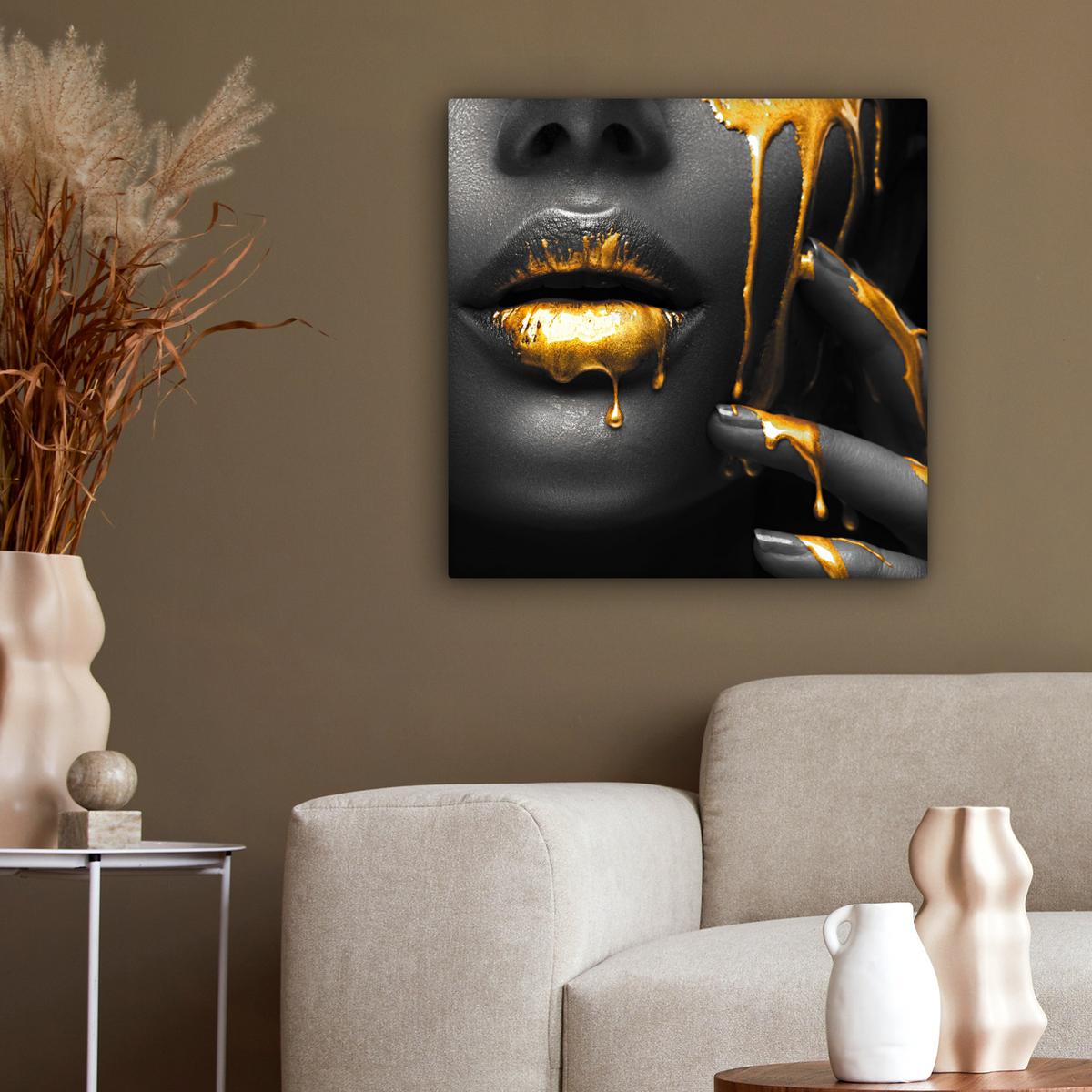 LEINWANDBILD Frau - Schwarz - Gold - Gesicht - Lippen Wandbild Wohnzimmer 50x50 cm - Goldfarben, Textil (50/50cm) - MuchoWow