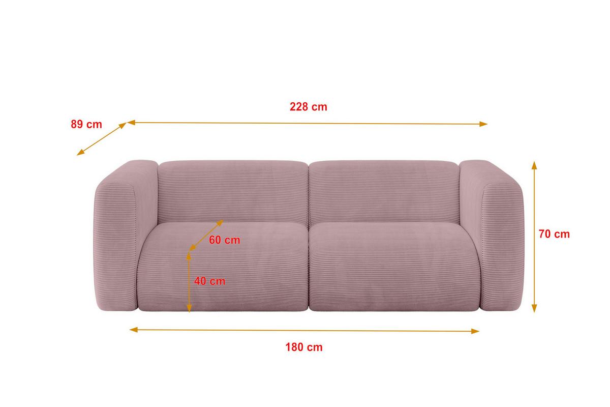MODULARES Sofa 2-SITZER MIRA-S1 228x89x70 Rosa cm Cord - Schwarz/Rosa, Holzwerkstoff/Kunststoff (228/70/89cm) - ALTDECOR