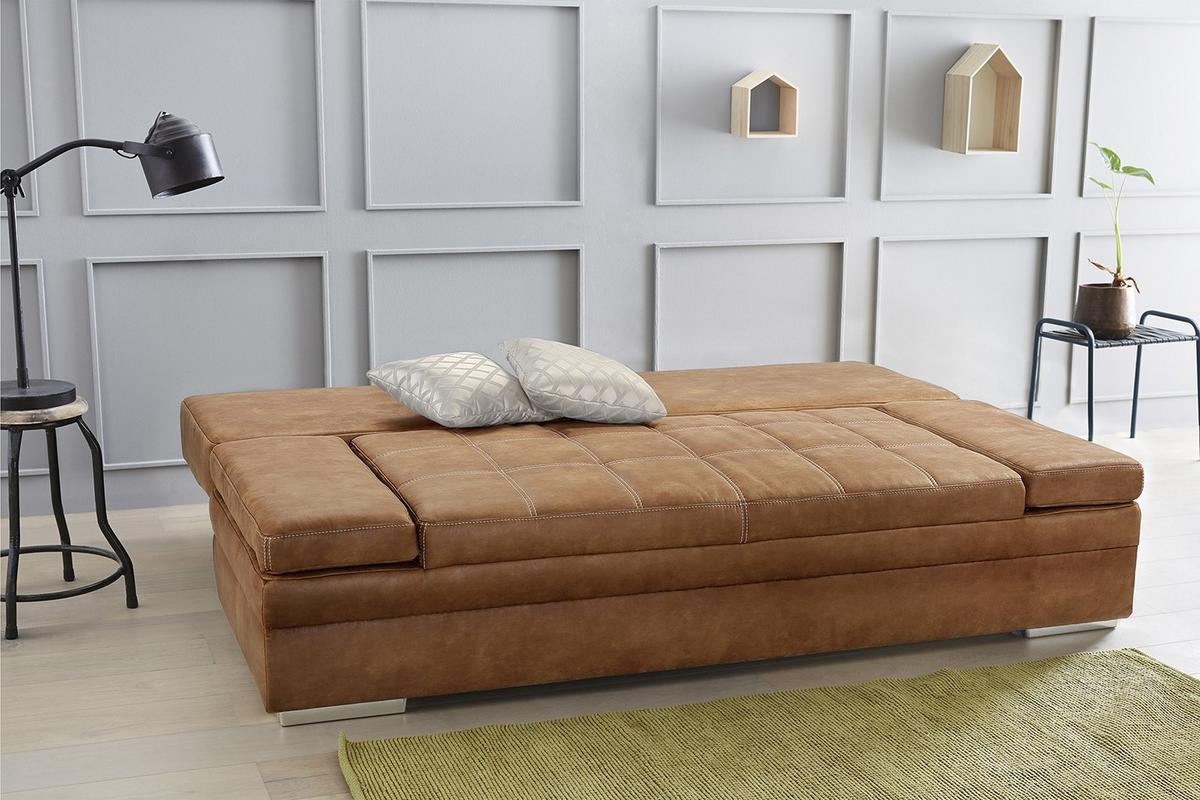 SCHLAFSOFA mit Bettkasten, Wellenfederung, Armlehnen verstellbar B200/T100/H84 cm, Liegefl.148x200 cm, Antikleder-Optik Mikrofaser Braun Curry / 15117 - Hellbraun/Chromfarben, Textil/Metall (200/84/100cm) - luma-home