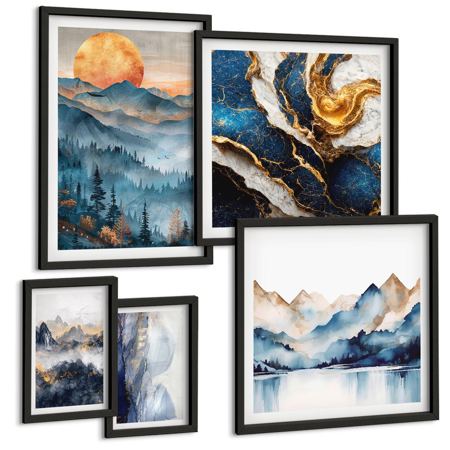 BILDER SET 5er Set - 50x50 cm & 20x30 cm & 40x60 cm Schwarzer Rahmen - Blaue Berglandschaften - Schwarz, Kunststoff (40/60cm) - TULUP