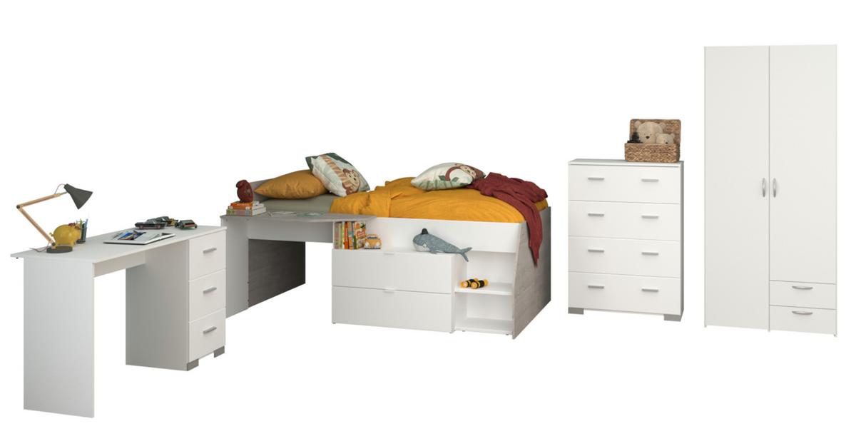 KINDERZIMMER weiß, grau, Komplett-Set 4-teilig mit viel Stauraum - Silberfarben/Weiß, Holzwerkstoff/Kunststoff (135/185/203cm) - Parisot Meuble