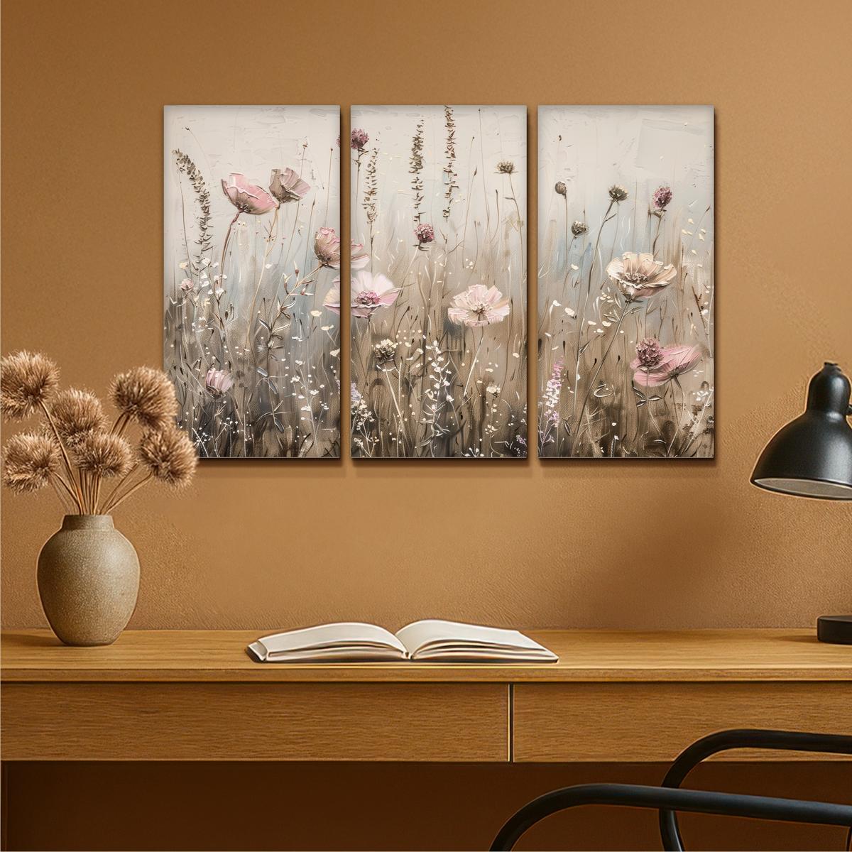 LEINWANDBILD 3er Set Blumen - Beige - Modern - Rosa 90x60 cm - Ecru, Textil (90/60cm) - MuchoWow