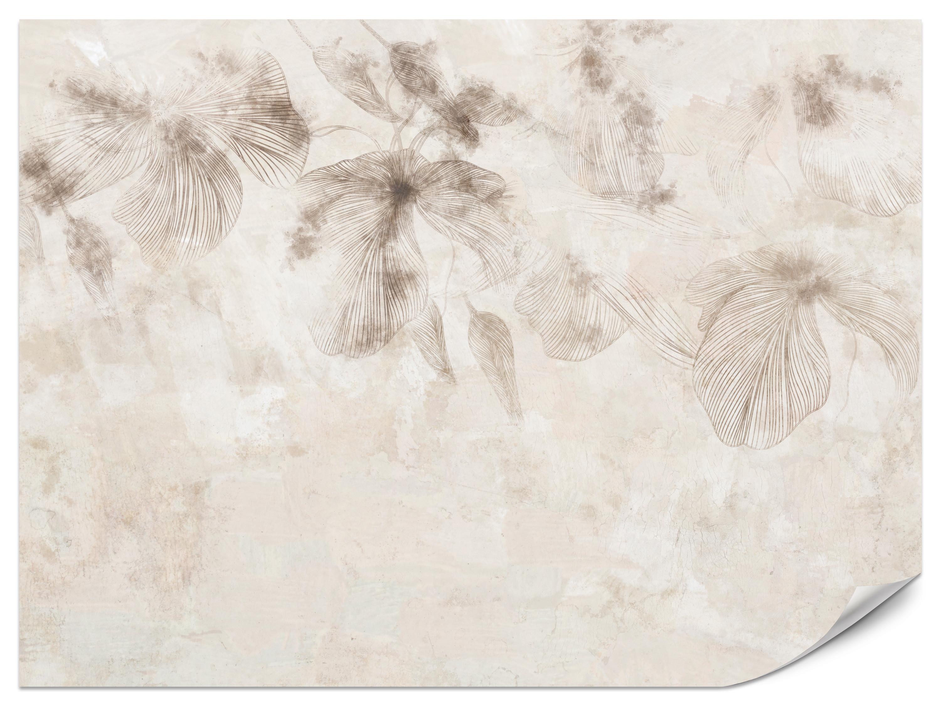 FOTOTAPETE für Wohnzimmer Boho Blumen auf Beton Natur Vintage 450x315 - Beige/Braun, Papier (450/315cm) - Muralo