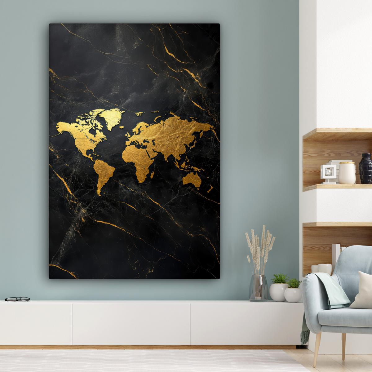 LEINWANDBILD Weltkarte - Gold - Marmor Deko Groß 90x140 cm - Goldfarben, Textil (90/140cm) - MuchoWow