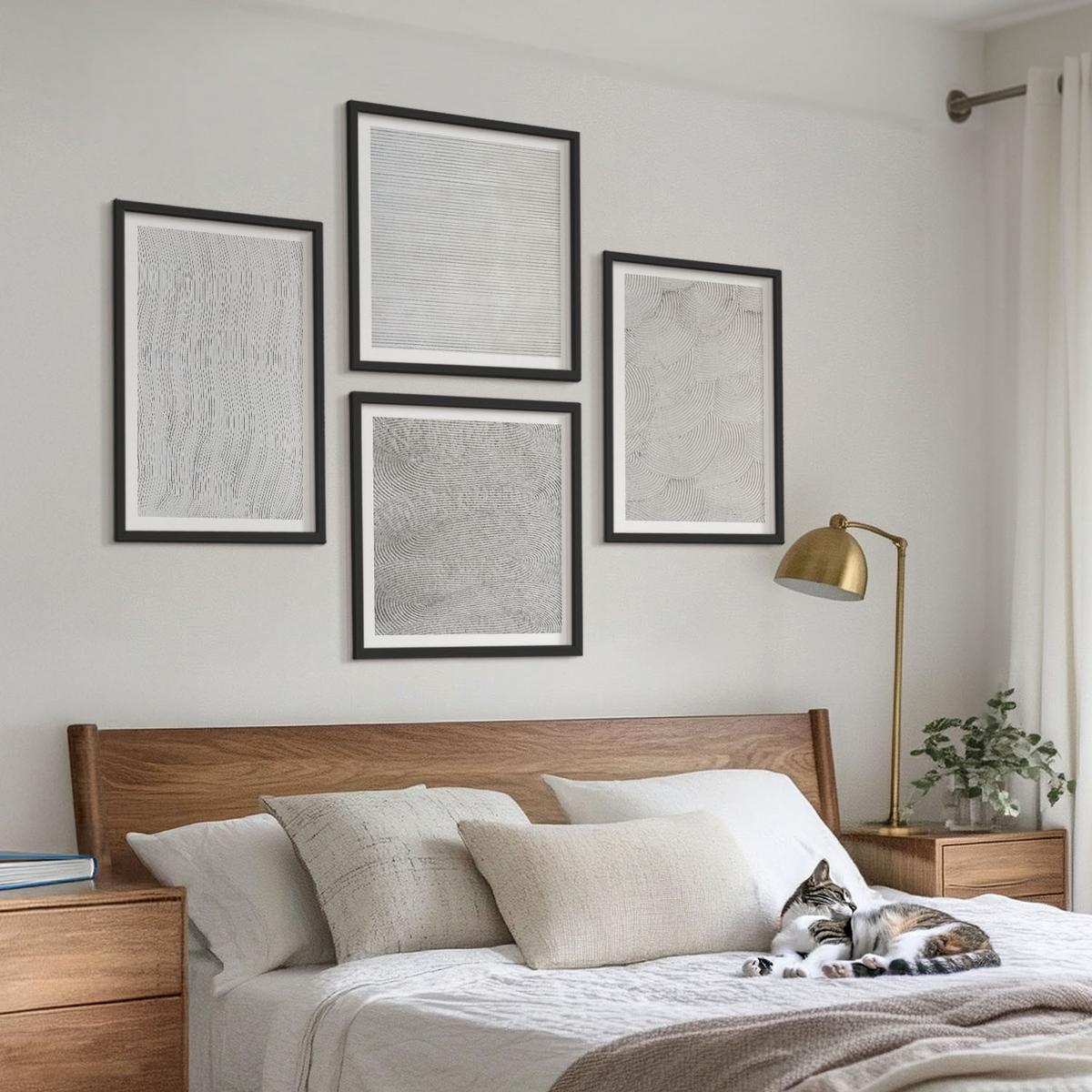BILDER SET 4er Set - 50x50 cm & 40x60 cm Schwarzer Rahmen - Sandmuster geometrische Strukturen - Schwarz, Kunststoff (50/50cm) - TULUP