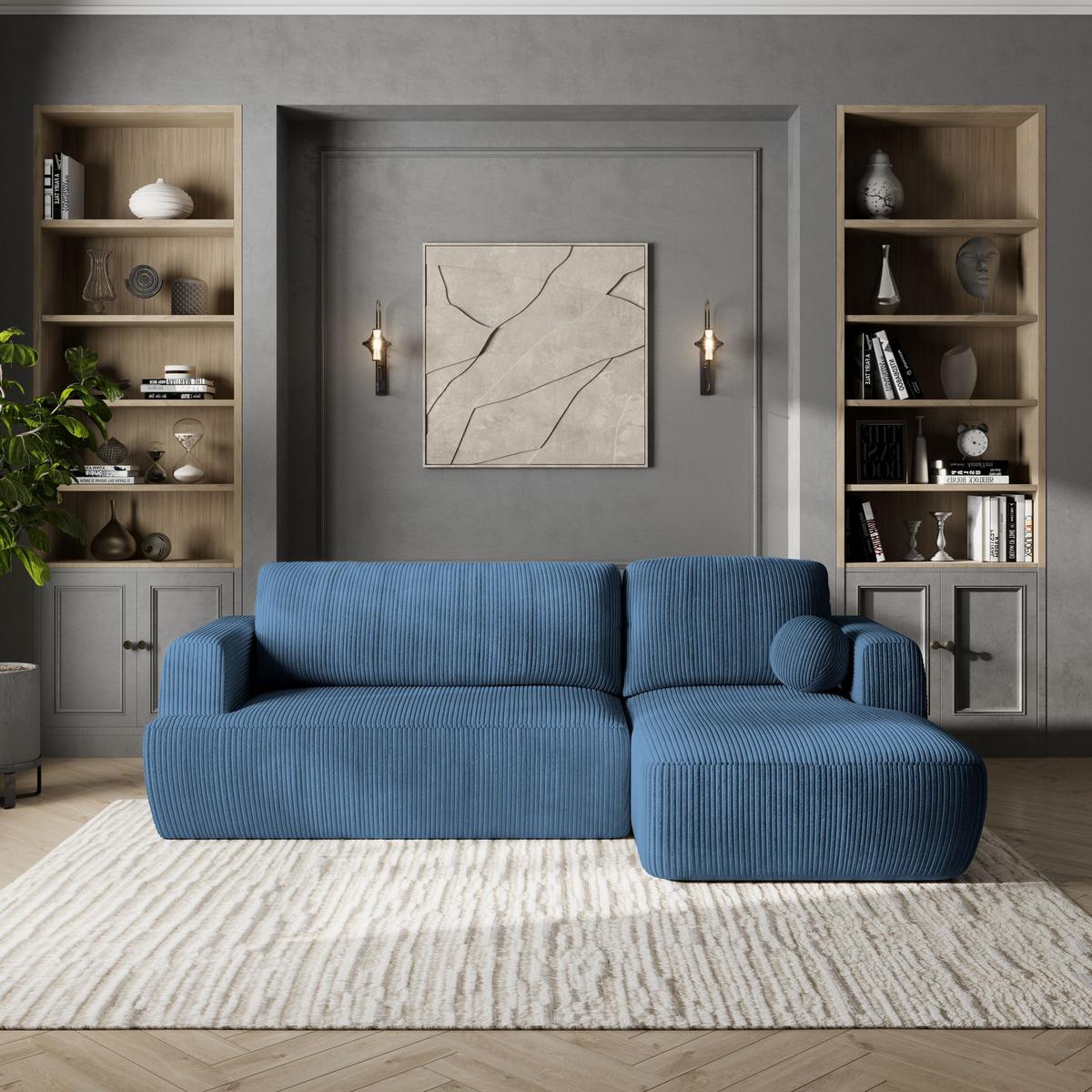 ECKSOFA SENTI P R-S Blau Kordstoff mit Schlaffunktion - Blau/Schwarz, Holz/Kunststoff (246/148cm) - MASSENO