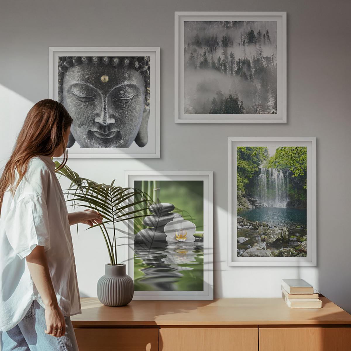 BILDER SET 4er Set - 50x50 cm & 40x60 cm Weißer Rahmen - Harmonie der Natur, Steine, Wasser, Buddha - Weiß, Kunststoff (50/50cm) - TULUP