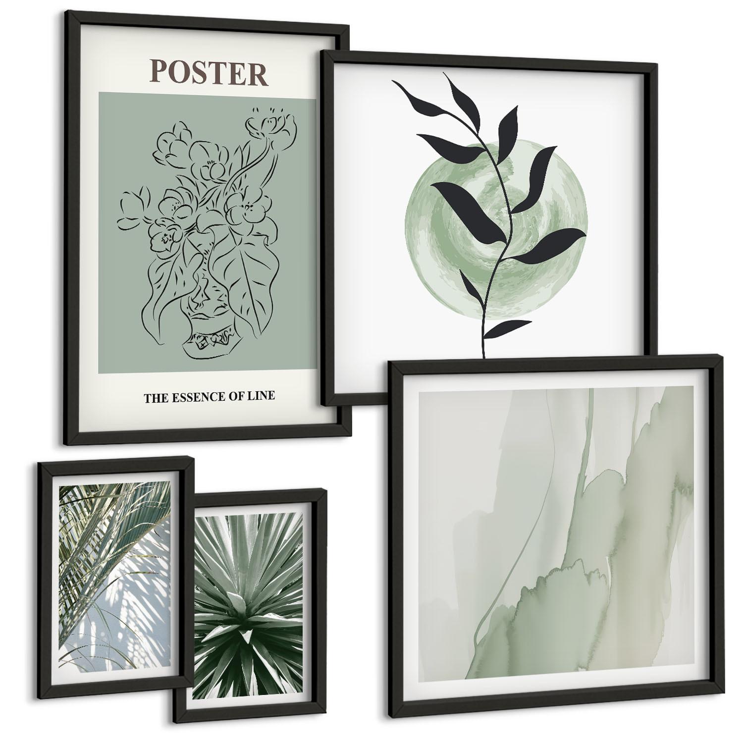 BILDER SET 5er Set - 50x50 cm & 20x30 cm & 40x60 cm Schwarzer Rahmen - Grün-beige Pflanzenmuster - Schwarz, Kunststoff (40/60cm) - TULUP