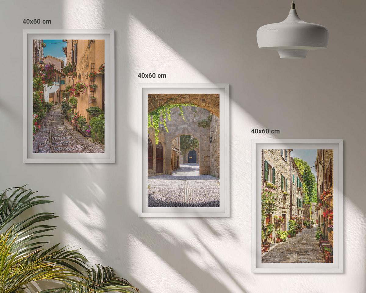 BILDER SET 3er Set - 40x60 cm Weißer Rahmen - Italienische Straßen, Blumen, Architektur - Weiß, Kunststoff (40/60cm) - TULUP