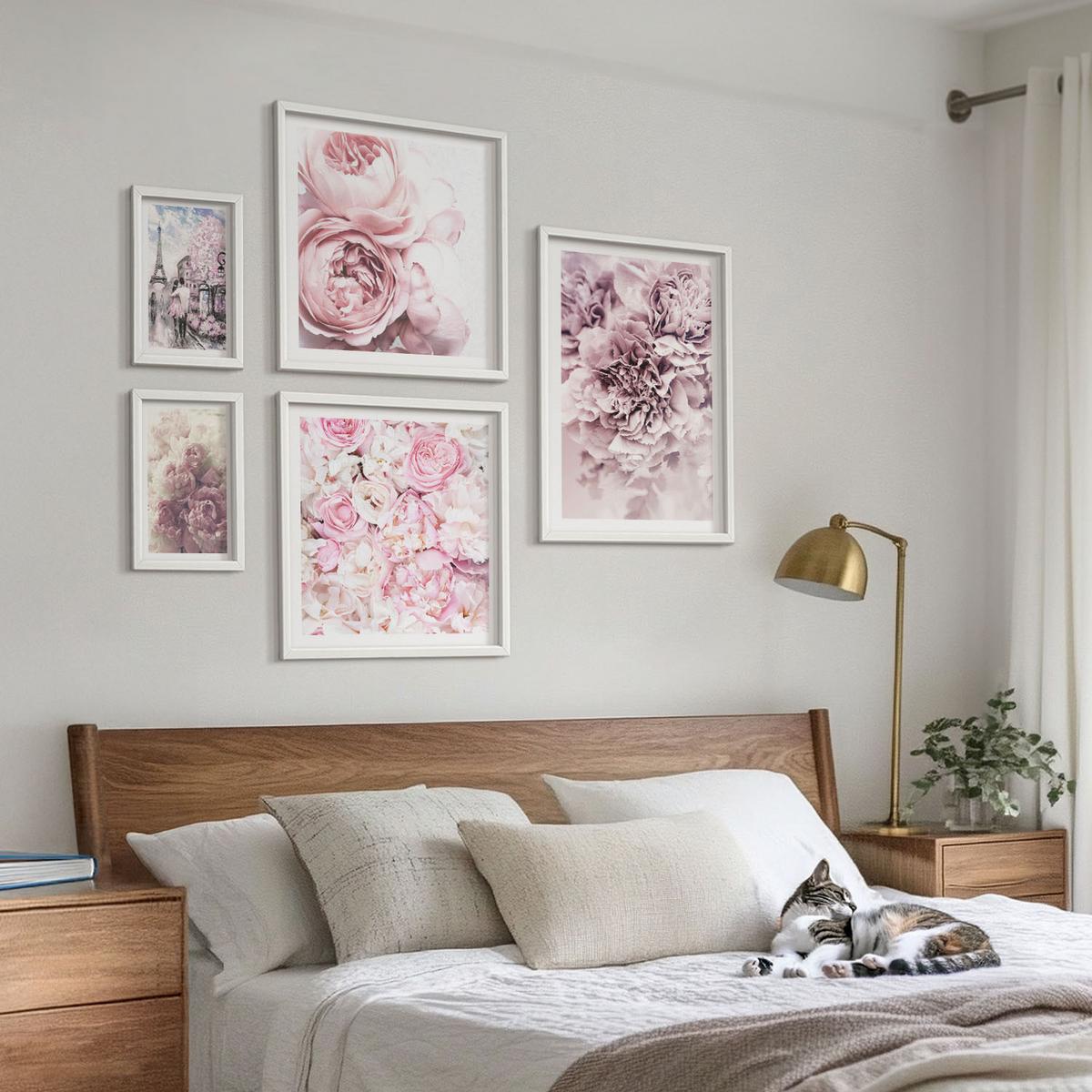 BILDER SET 5er Set - 50x50 cm & 20x30 cm & 40x60 cm Weißer Rahmen - Rosa Blumen, romantische Landschaft - Weiß, Kunststoff (40/60cm) - TULUP