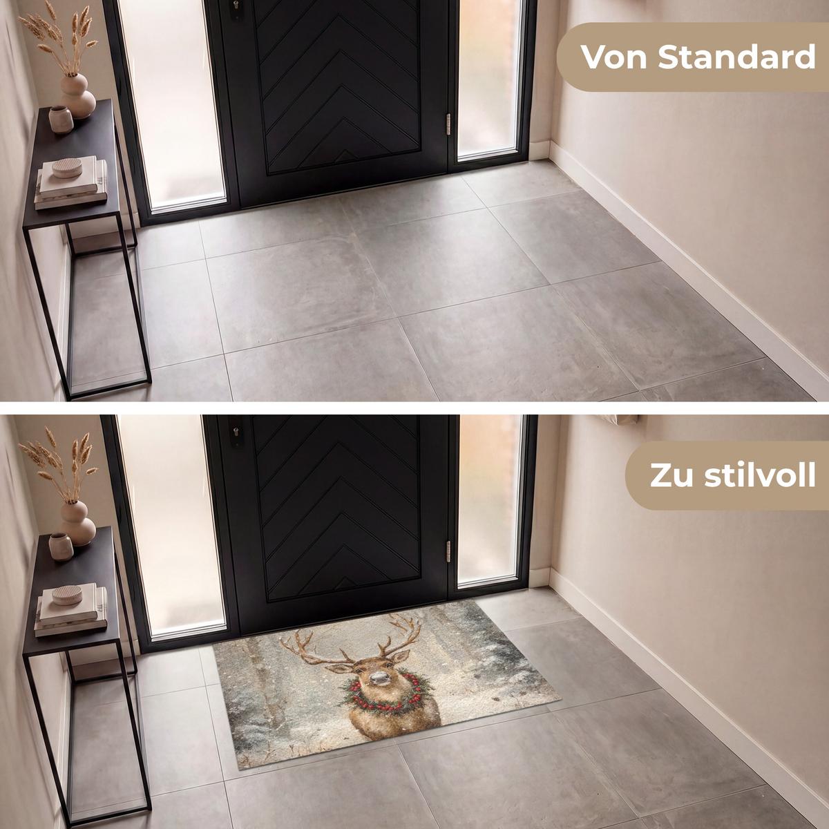 FUSSMATTE Weihnachten - Rentier - Winter - Kranz Flurteppich 120x80 cm - Braun, Kunststoff (120/0.4cm) - MuchoWow