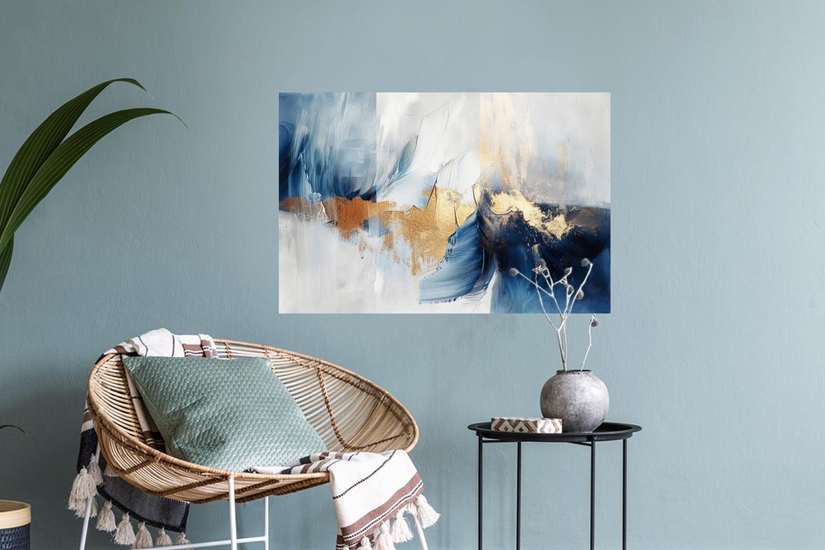 WANDTATTOO Gold - Blau - Aquarell - Kunst - Modern Deko Wohnzimmer 60x40 cm - Hellblau, Kunststoff (60/40/0.1cm) - MuchoWow