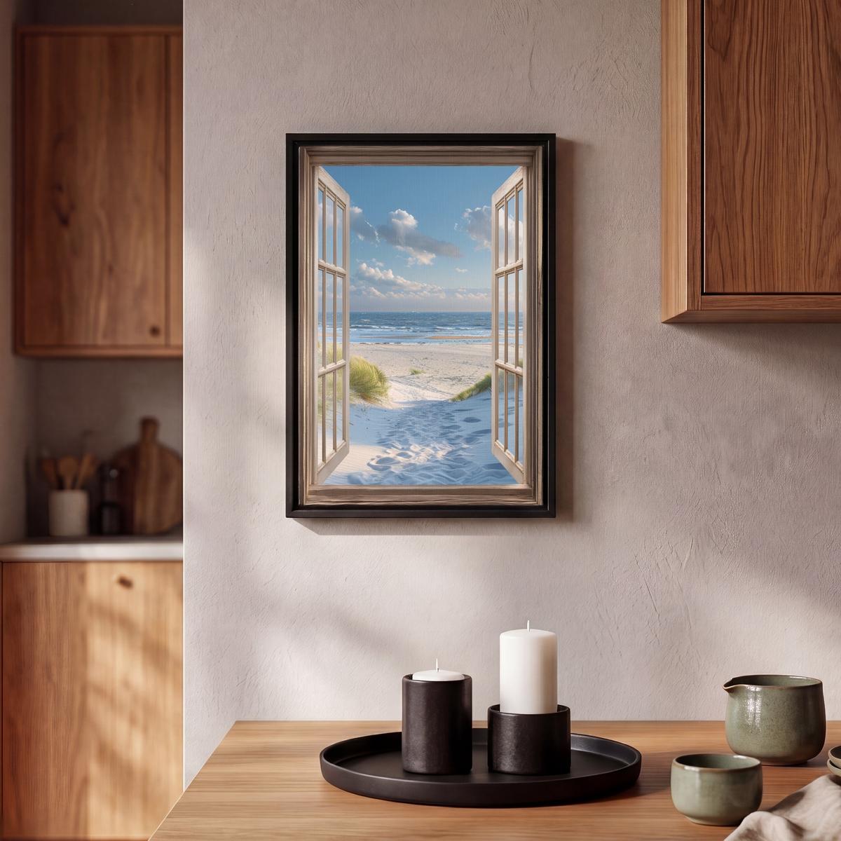 LEINWAND Bilder mit Rahmen - Aussicht - Strand - Fenster - Dünen - Meer - 20x30 - Hellblau, Textil (20/30cm) - MuchoWow