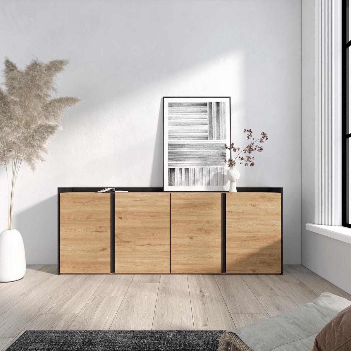 SIDEBOARD, 4 Türen, Eiche und Schwarz, 207/35/80cm - Beige, Holzwerkstoff (207/80/35cm) - Skraut Home