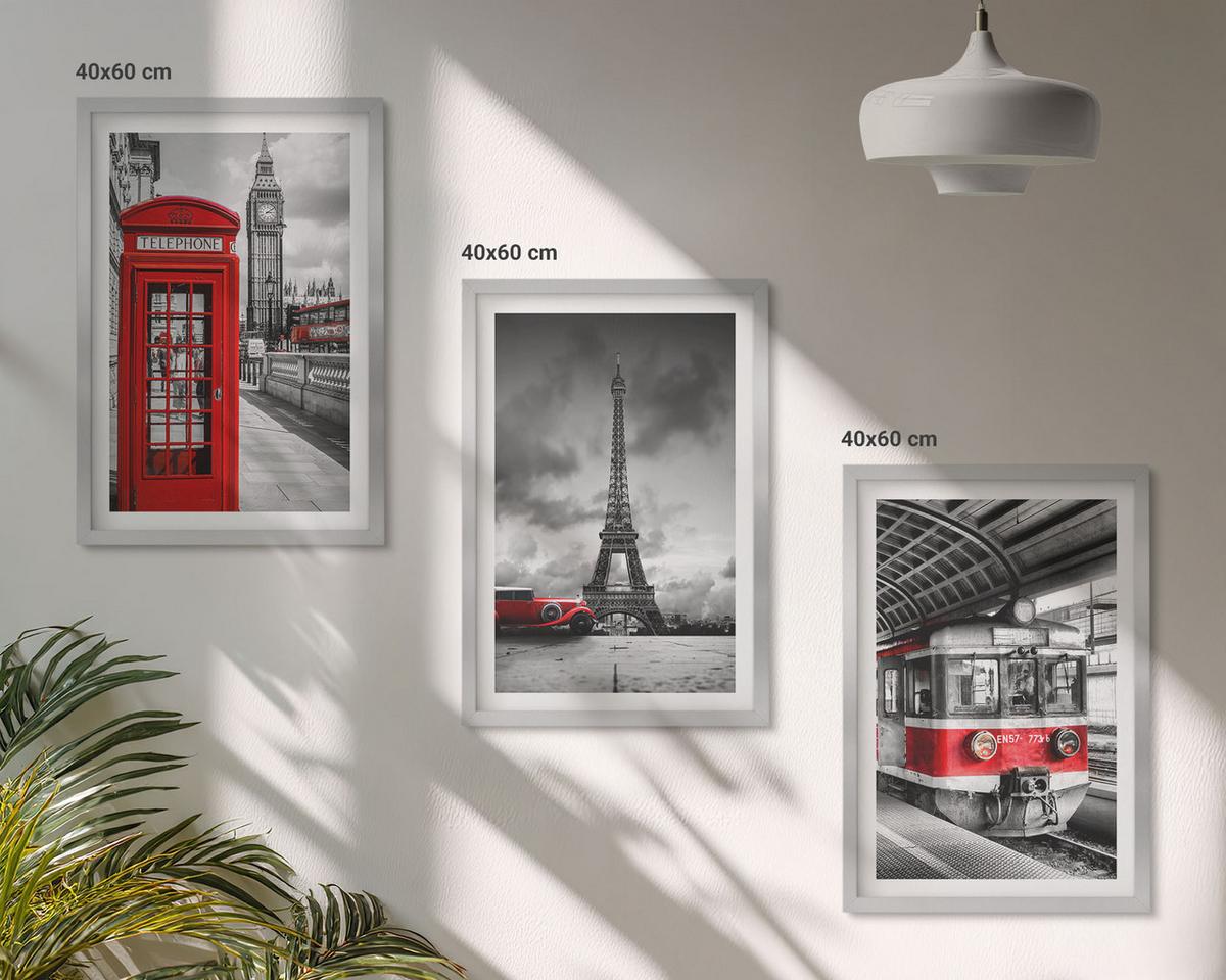 BILDER SET 3er Set - 40x60 cm Silberner Rahmen - Ikonen London Paris Verkehr - Silberfarben, Kunststoff (40/60cm) - TULUP