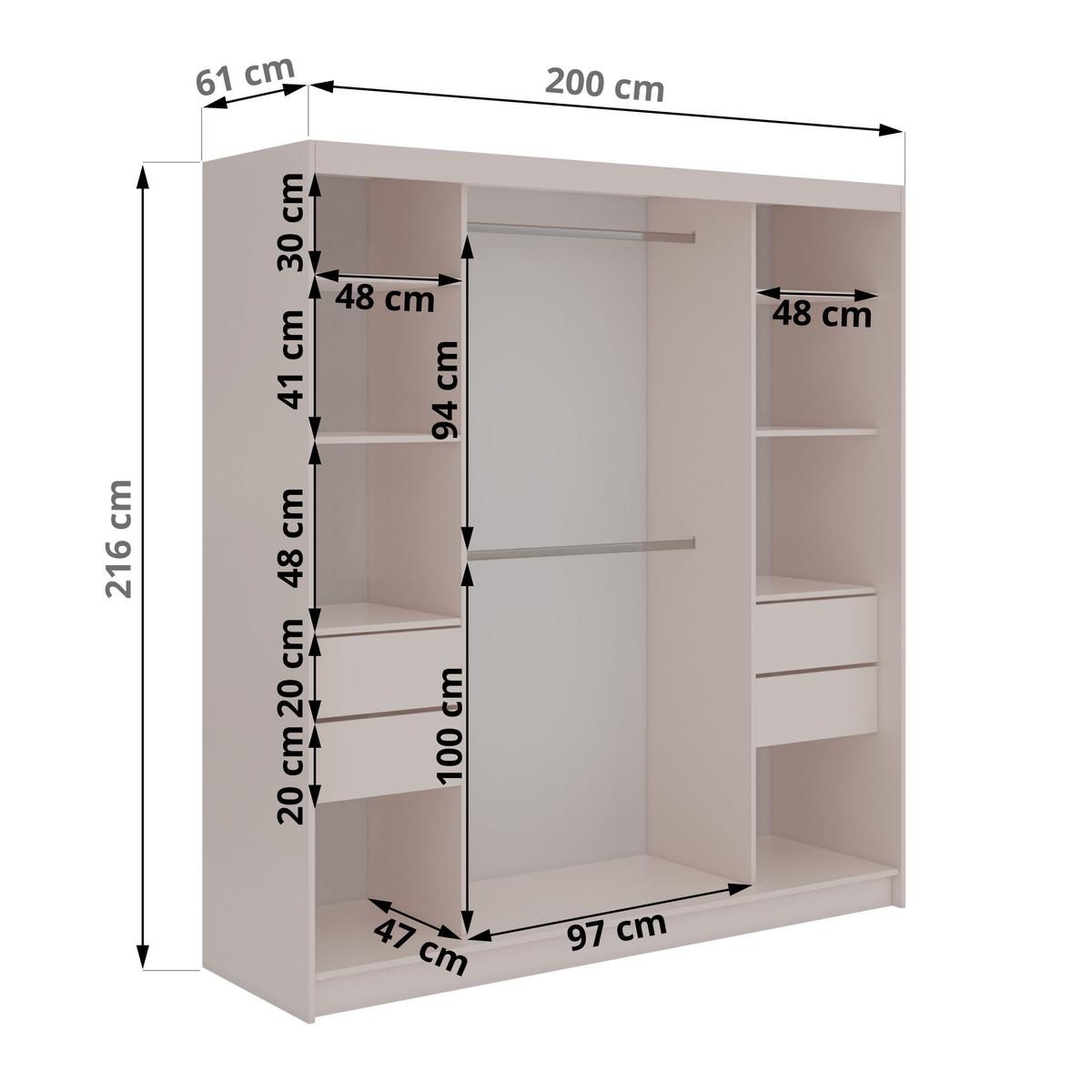 SCHWEBETÜRENSCHRANK mit Spiegel und Schubladen LAOS - 200 - Kaschmir - Eiche Artisan Lamellen - Kaschmir/Alufarben, Holzwerkstoff/Metall (200/216/61cm) - MKS