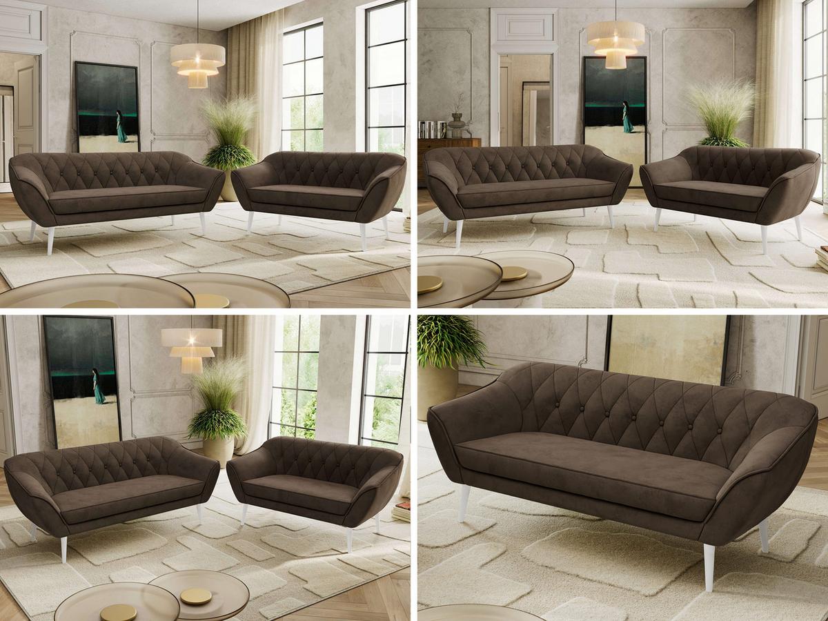 SITZGARNITUR PIRS 3+2 - Braun Velvet - Weiße Beine - Dunkelbraun/Braun, Holzwerkstoff/Textil (180/75/74cm) - MKS