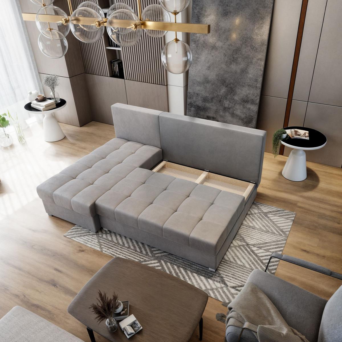 ECKSOFA RITA M Hellgrau Velours-Stoff mit Schlaffunktion - Hellgrau/Grau, Holz/Kunststoff (200/141cm) - MASSENO