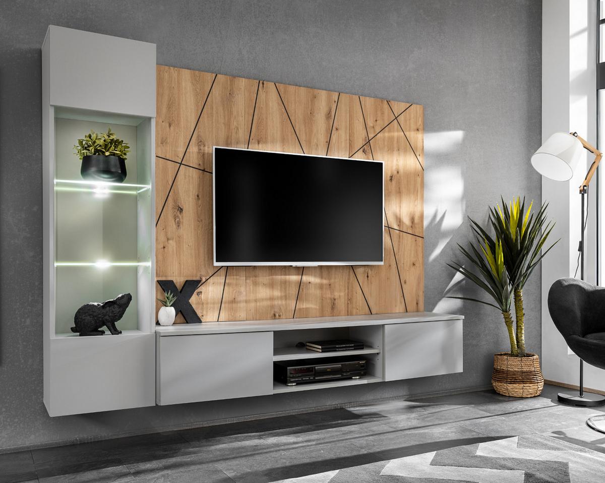WOHNWAND hellgrau, Eiche Artisan 200 cm, Schrankwand inklusive Beleuchtung, Push-to-Open - Hellgrau/Eiche Artisan, Glas/Holzwerkstoff (200/148/35cm) - Inn.Furn