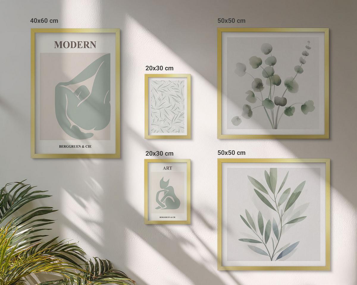 BILDER SET 5er Set - 50x50 cm & 20x30 cm & 40x60 cm Goldrahmen - Pflanzenmotive, zartes Grün - Goldfarben, Kunststoff (40/60cm) - TULUP