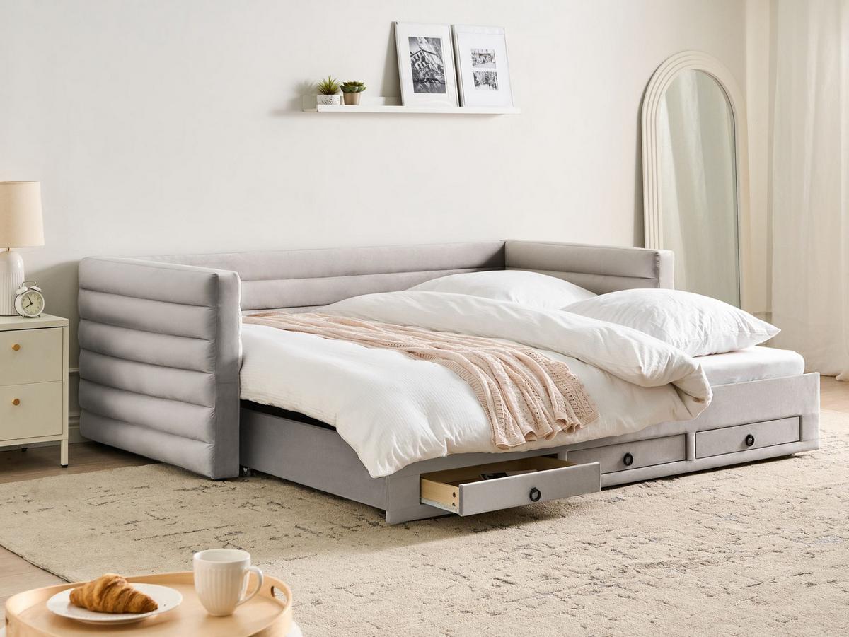 TAGESBETT mit Stauraum 90/180/200 Samtstoff Hellgrau Meudon - Hellgrau, Textil (90/200cm) - Beliani