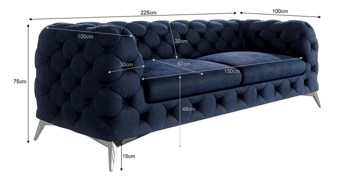 CHESTERFIELD-SOFA 3-Sitzer Laura Marineblau Samt - Silberfarben/Dunkelblau, Holz/Textil (225/75/100cm) - S-Style Möbel