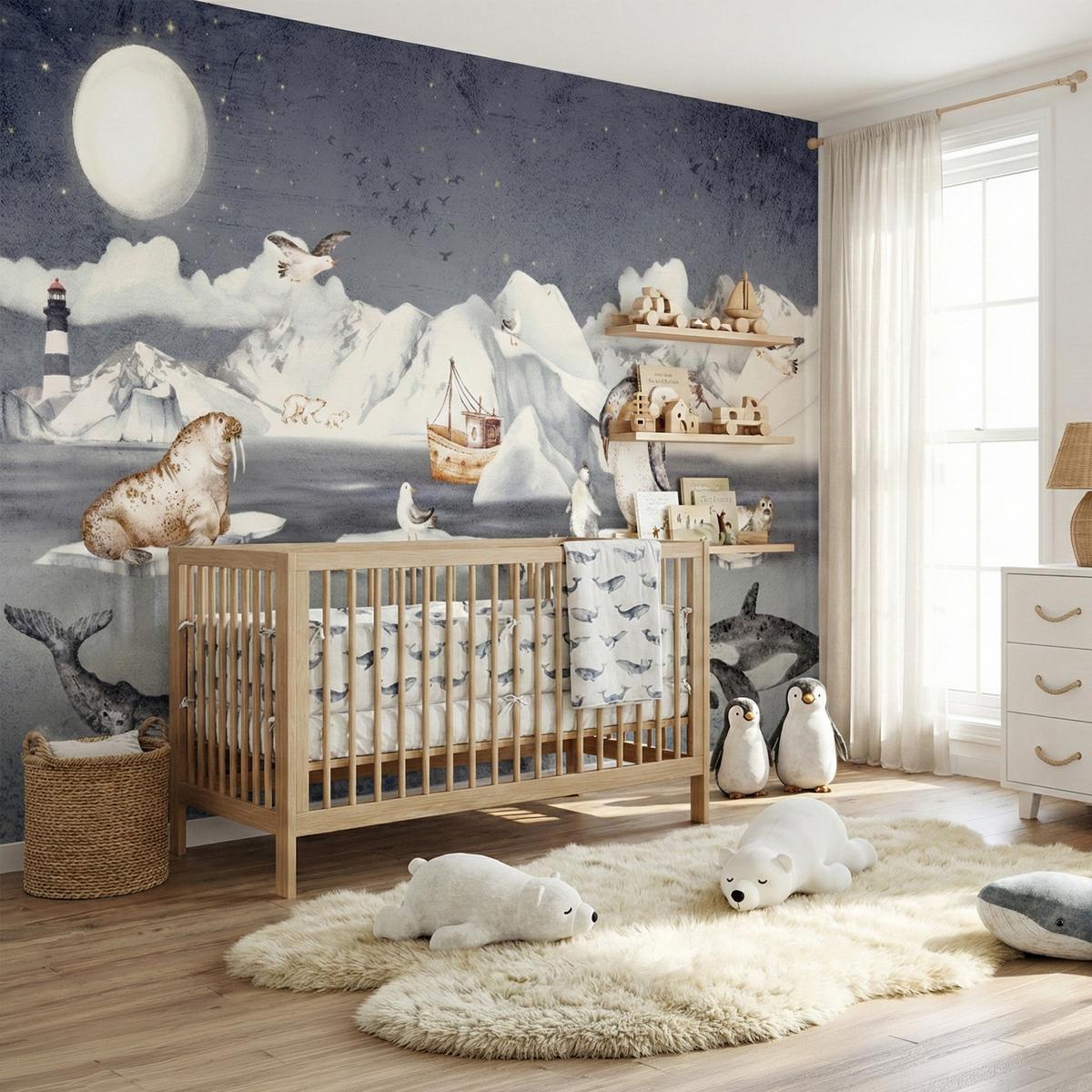 FOTOTAPETE für Kinderzimmer Arktische Tiere Pinguine Robben Mond Gebirge 500x350 - Orange/Weiß, Papier (500/350cm) - Muralo