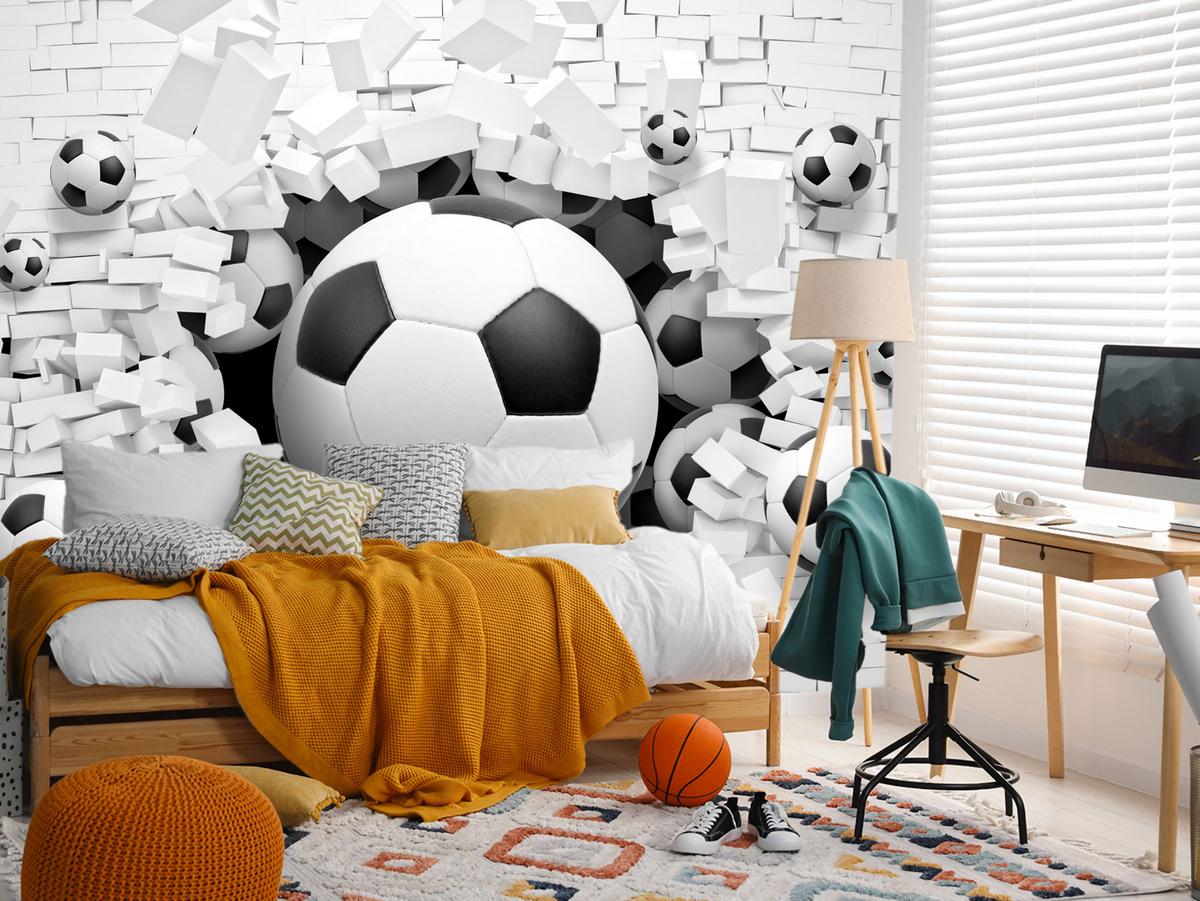 FOTOTAPETE für Jugendzimmer Fußbälle Weiße Ziegelwand Sport 250x175 - Schwarz/Weiß, Papier (250/175cm) - Muralo