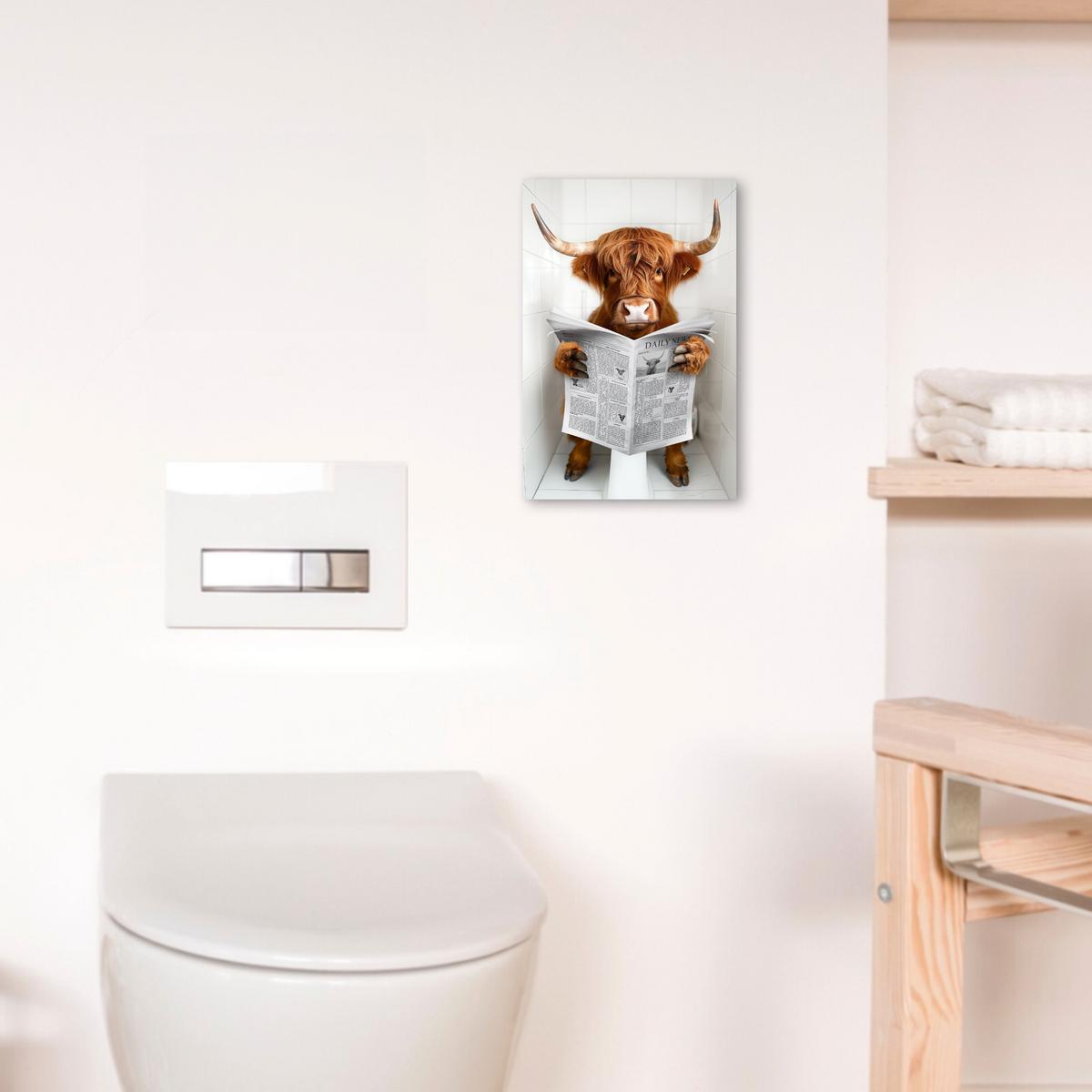 LEINWANDBILD Schottischer Highlander - Tier - Zeitung - Toilette Deko Wohnzimmer 20x30 cm - Kastanienfarben, Textil (20/30cm) - MuchoWow
