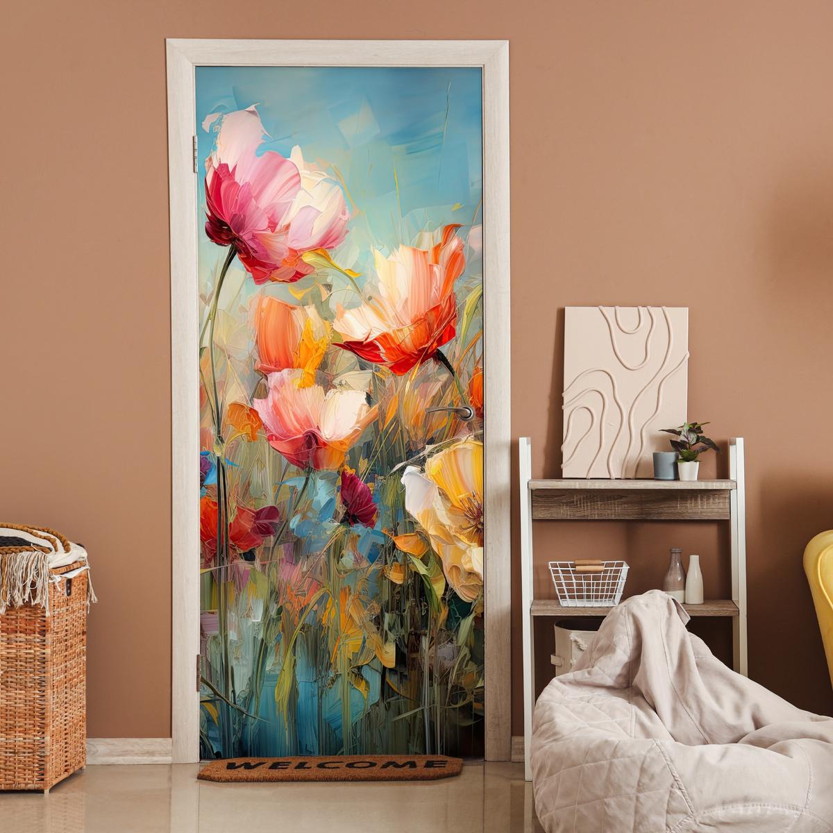 TÜRAUFKLEBER Blumen - Aquarell - Kunst - Botanisch - Natur 90x215 cm - Türtapete - Orange, Kunststoff (90/0.1cm) - MuchoWow