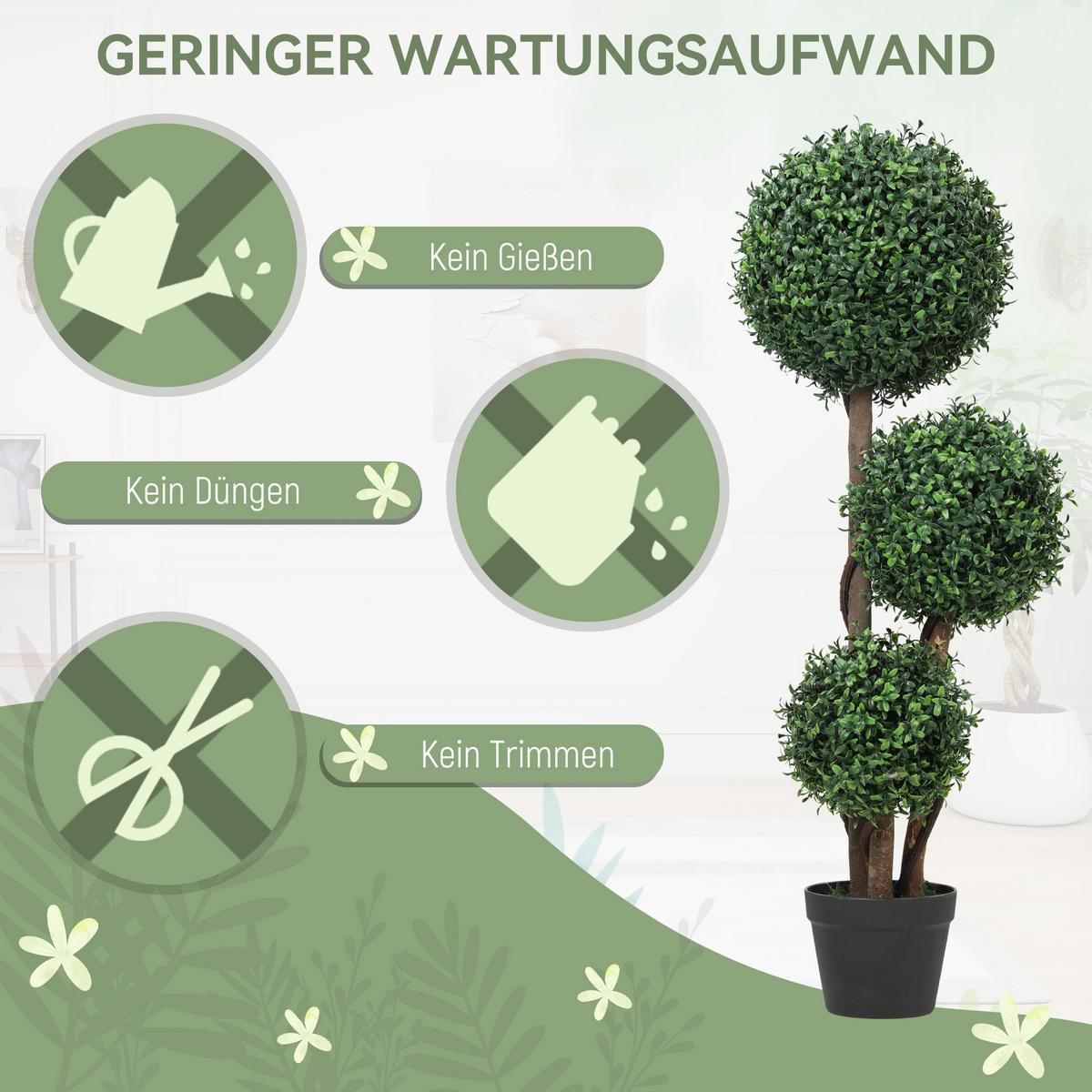 KÜNSTLICHE Buchsbaumkugel groß 100cm dreikugelig Kunstpflanze mit Holzstamm - Schwarz/Braun, Holz/Kunststoff (100cm) - HOMCOM
