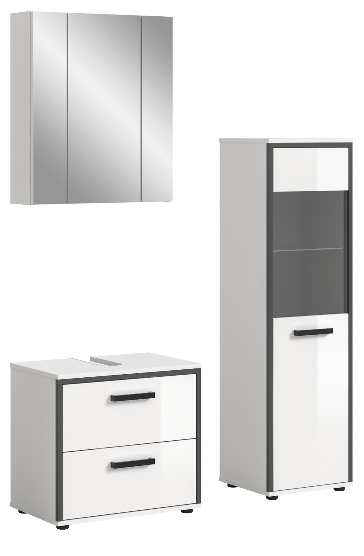 BADMÖBEL-SET 3-teilig weiß Hochglanz, grau, Badkombination 115 x 190 cm - Weiß Hochglanz/Schwarz, Glas/Holzwerkstoff (115/190/37.5cm) - Inn.Furn